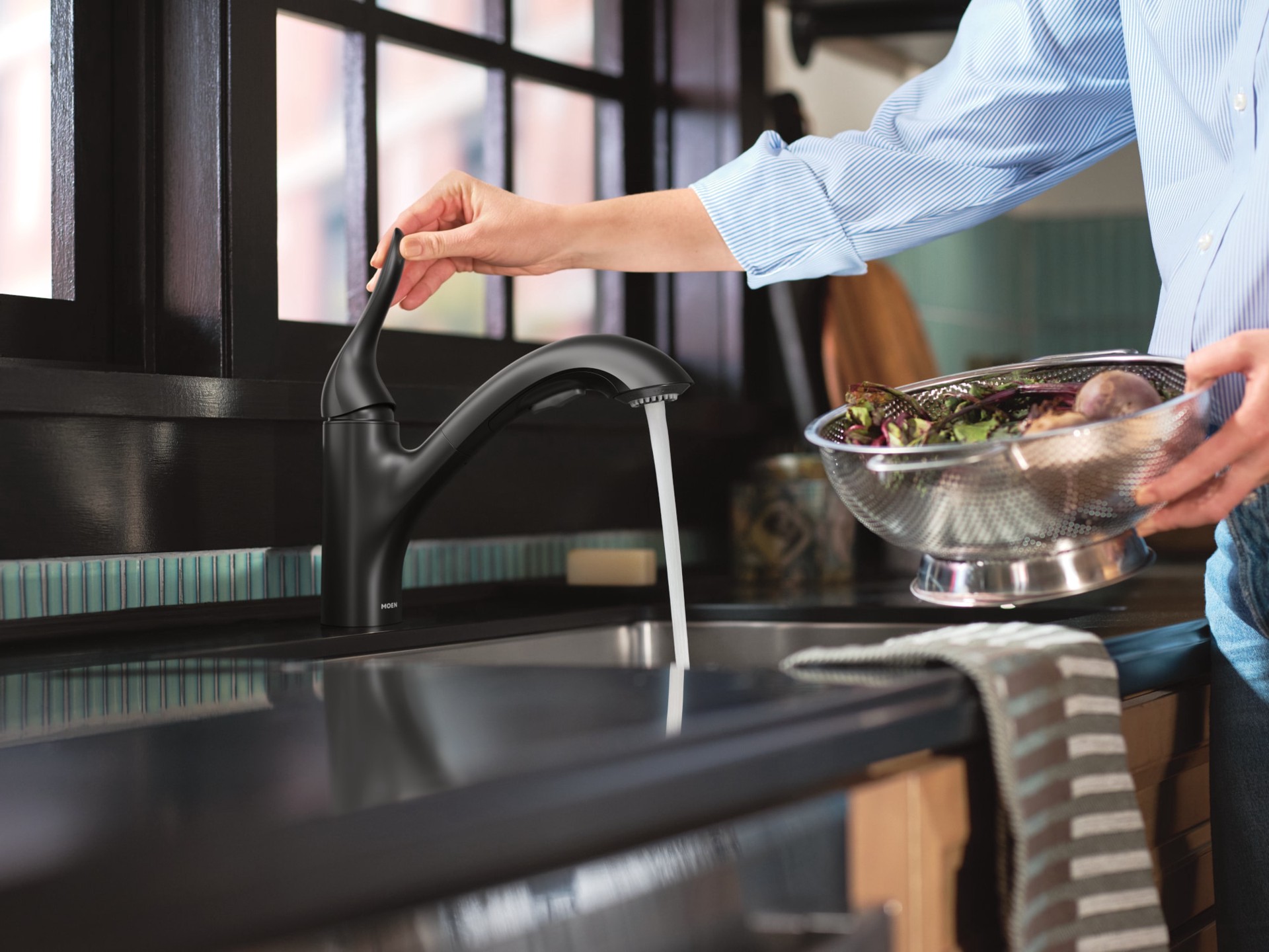 slide 3 of 6, Moen Koa Matte Black Single Handle Deck-mount Pull-out Kitchen Faucet with Sprayer (Includes Deck Plate), 1 ct