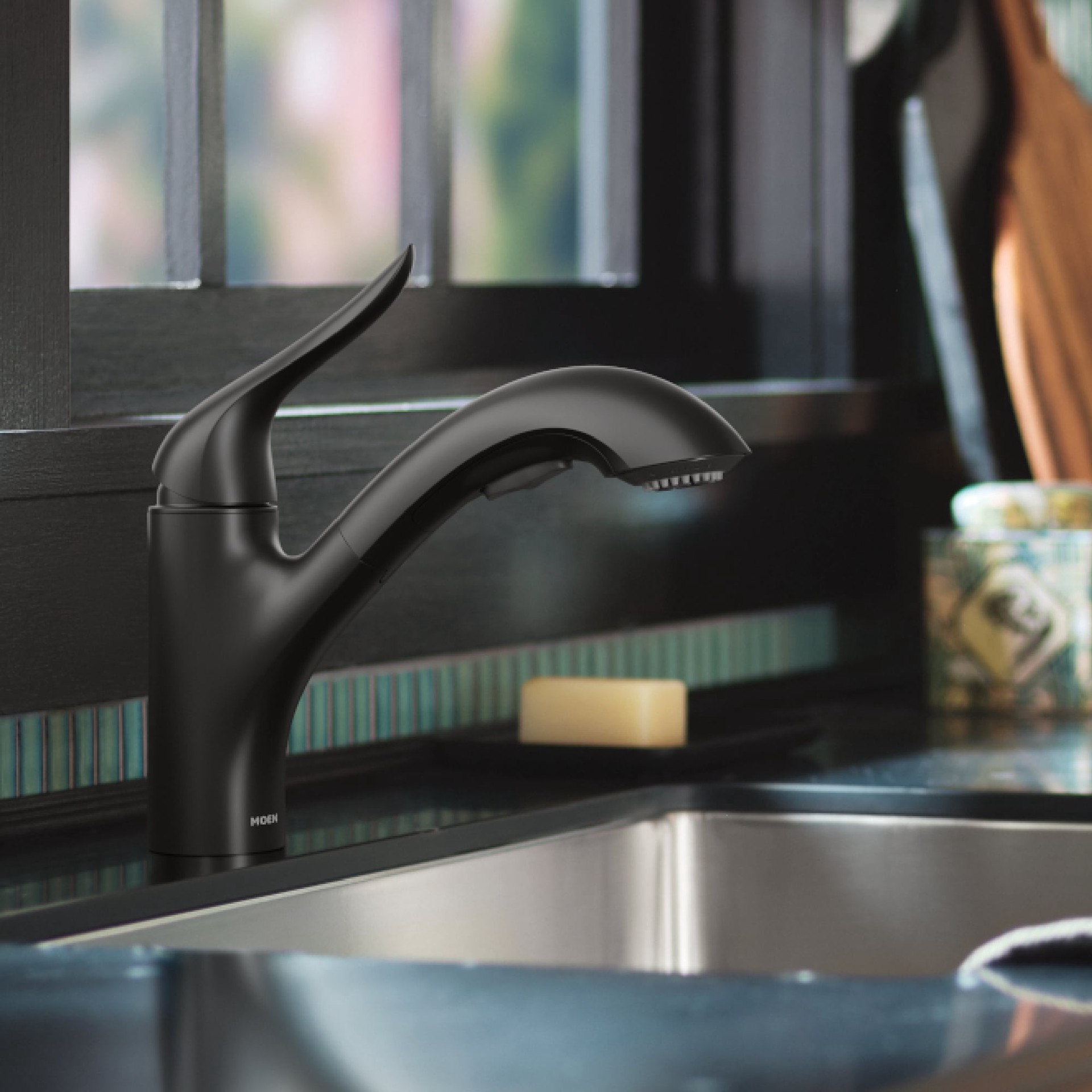 slide 1 of 6, Moen Koa Matte Black Single Handle Deck-mount Pull-out Kitchen Faucet with Sprayer (Includes Deck Plate), 1 ct
