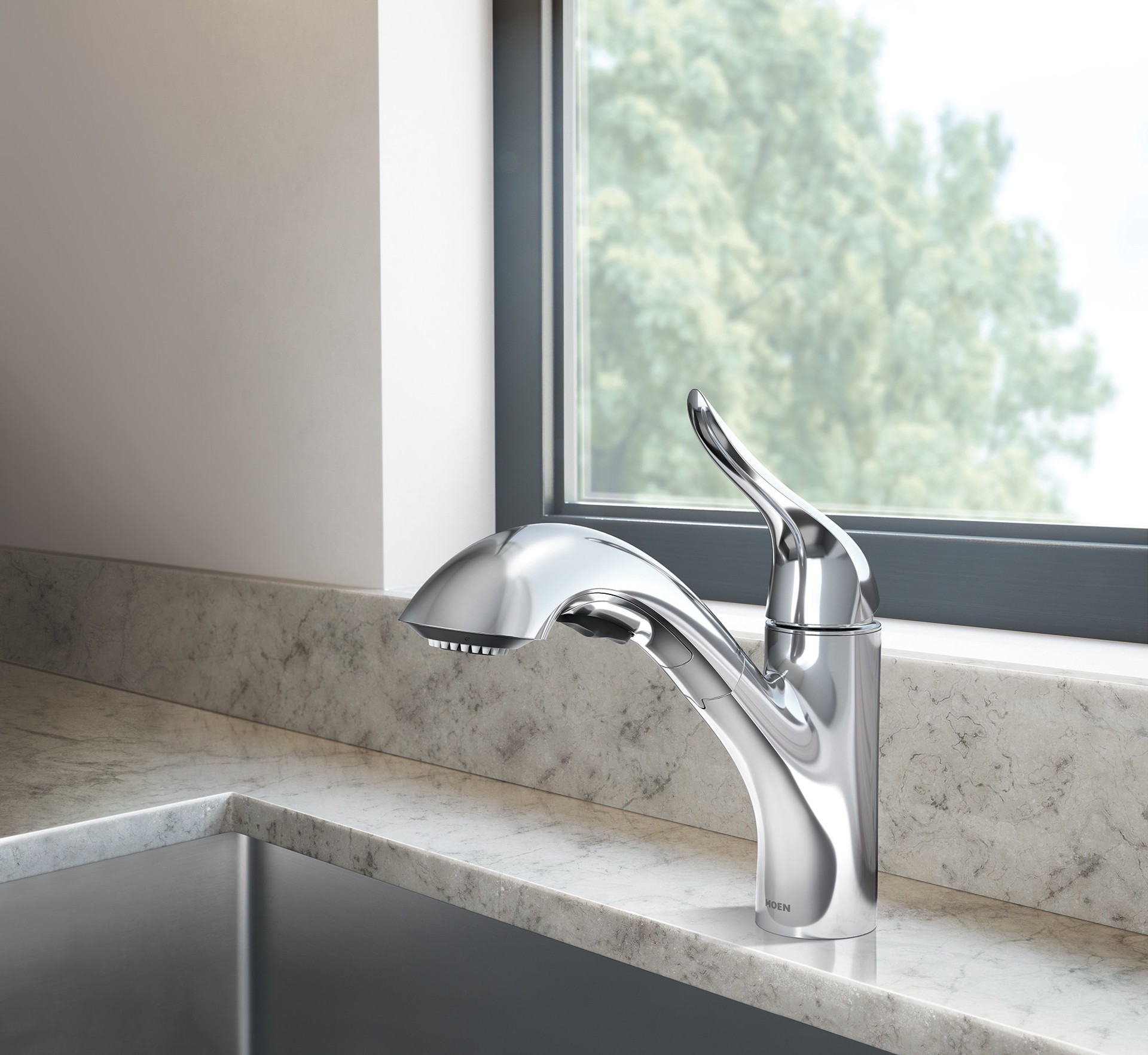 slide 3 of 6, Moen Koa Chrome Single Handle Deck-mount Pull-out Kitchen Faucet with Sprayer (Includes Deck Plate), 1 ct