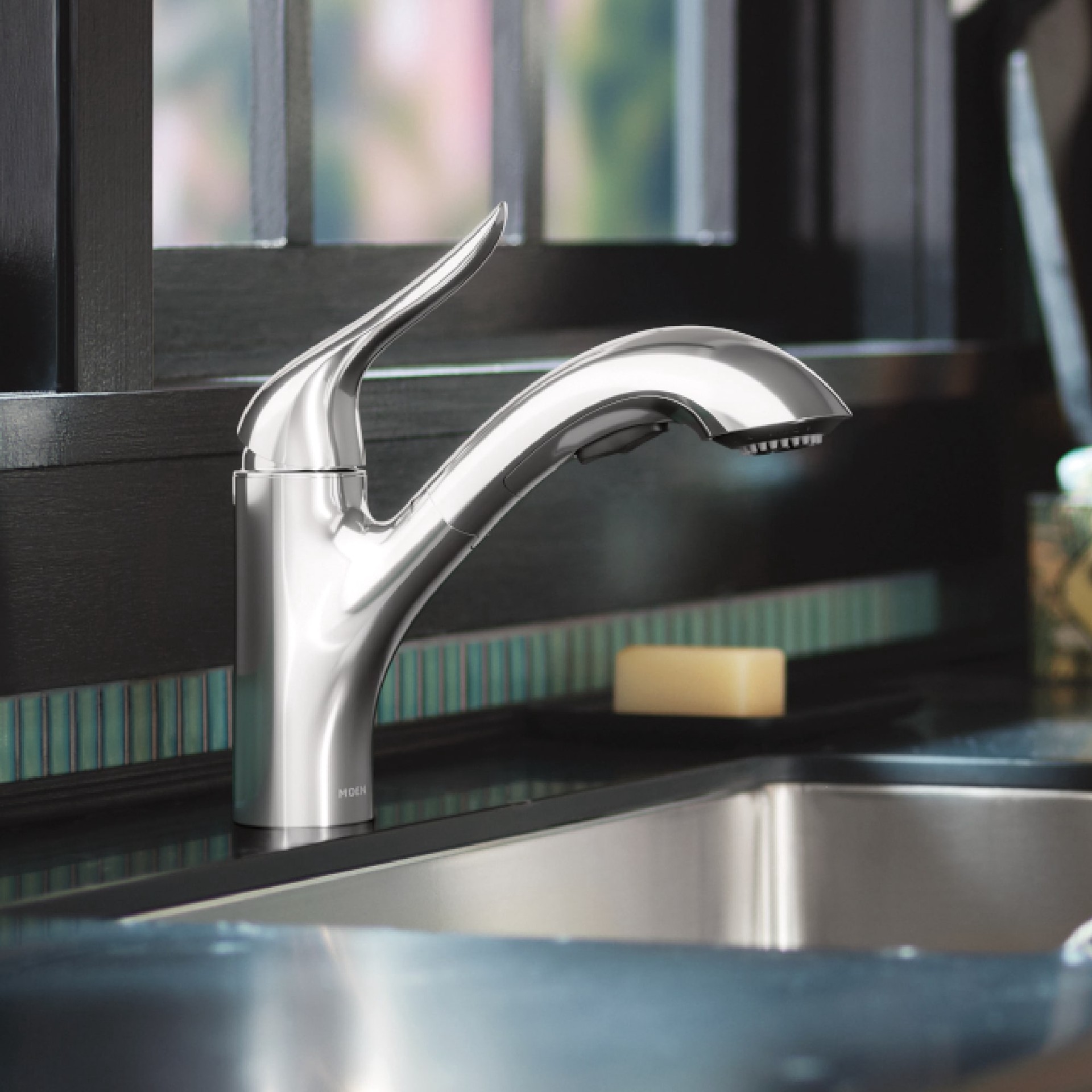 slide 1 of 6, Moen Koa Chrome Single Handle Deck-mount Pull-out Kitchen Faucet with Sprayer (Includes Deck Plate), 1 ct