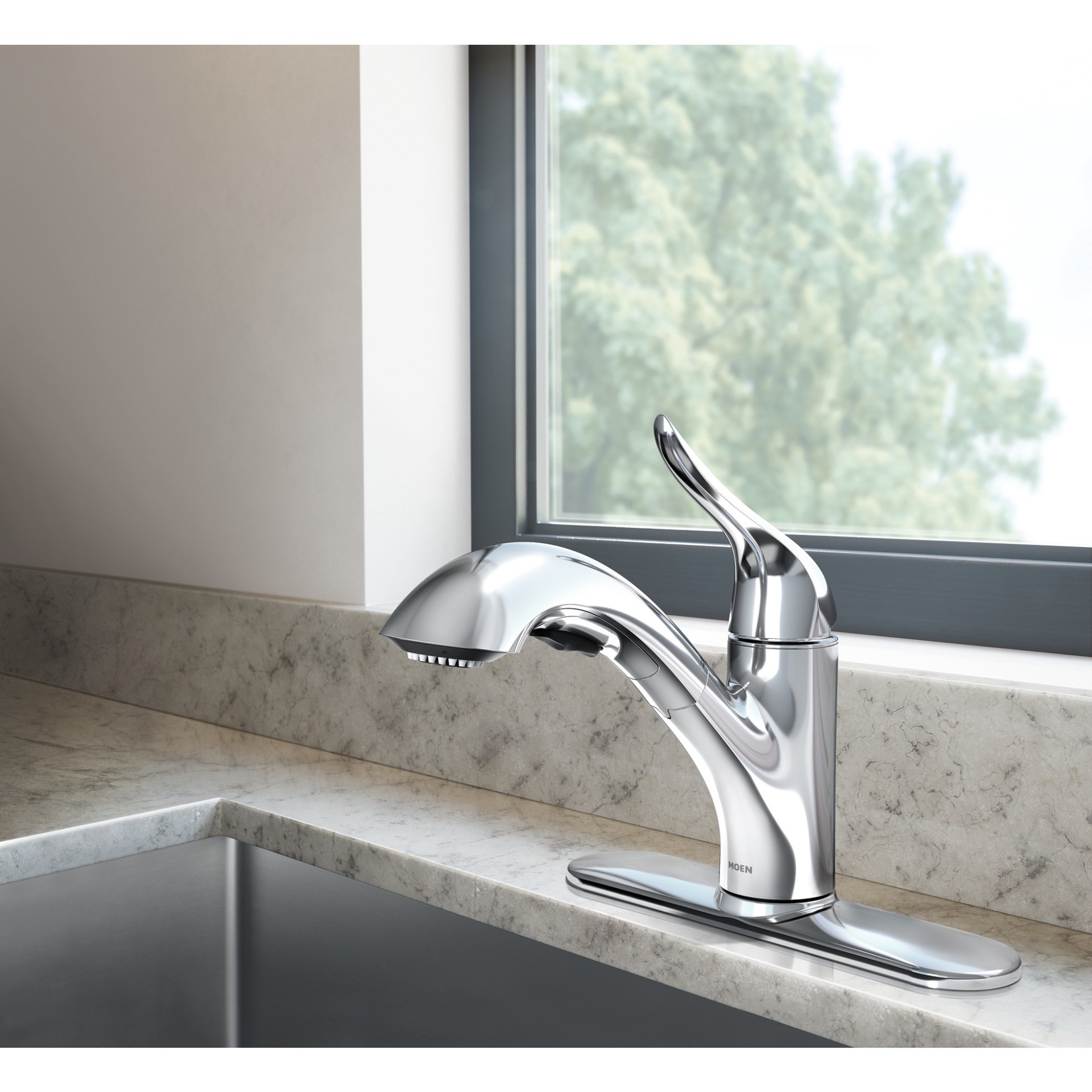 slide 5 of 6, Moen Koa Chrome Single Handle Deck-mount Pull-out Kitchen Faucet with Sprayer (Includes Deck Plate), 1 ct