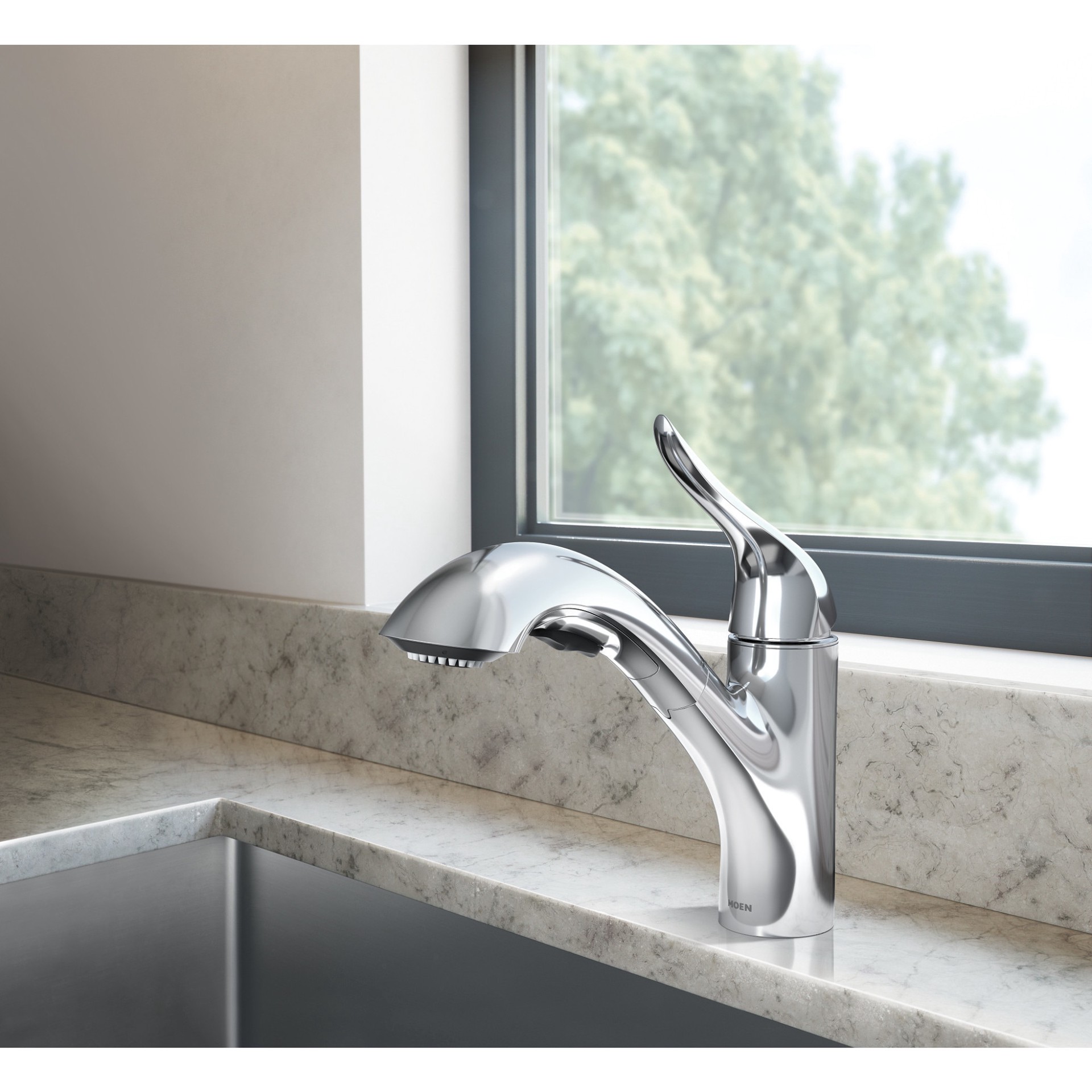 slide 6 of 6, Moen Koa Chrome Single Handle Deck-mount Pull-out Kitchen Faucet with Sprayer (Includes Deck Plate), 1 ct
