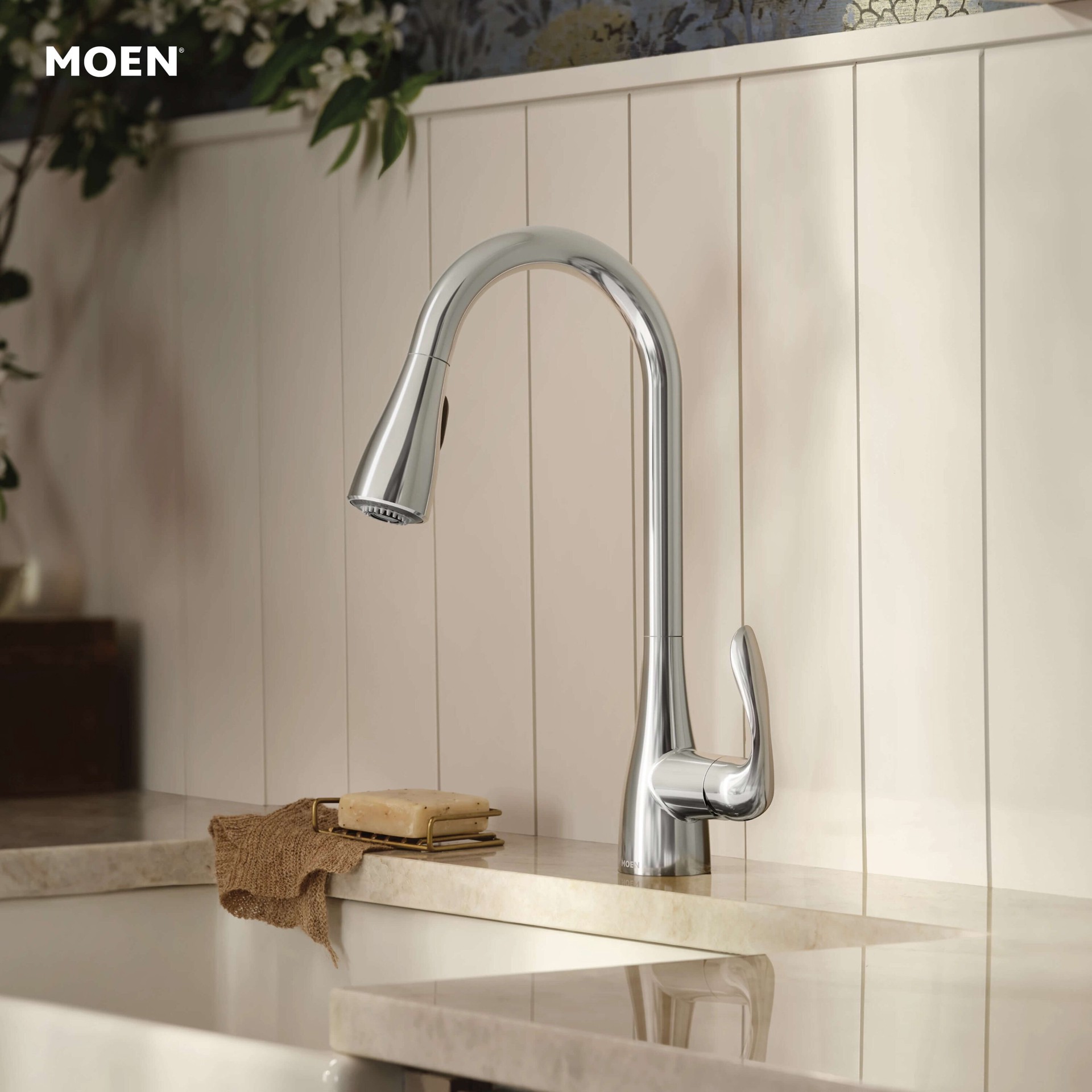slide 3 of 6, Moen Georgene Chrome Single Handle Deck-mount Pull-down Kitchen Faucet with Sprayer (Includes Deck Plate), 1 ct
