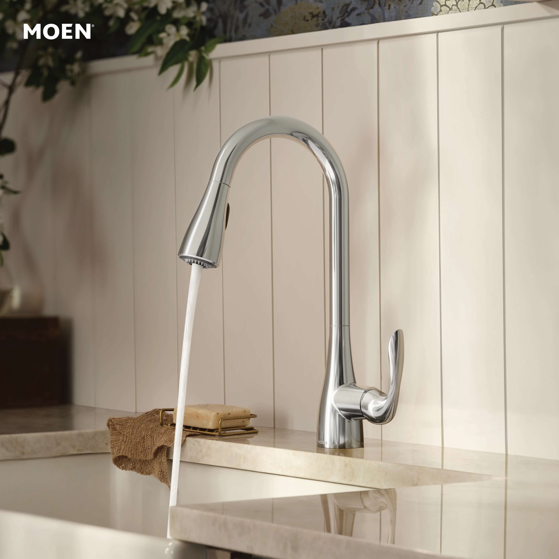 slide 4 of 6, Moen Georgene Chrome Single Handle Deck-mount Pull-down Kitchen Faucet with Sprayer (Includes Deck Plate), 1 ct
