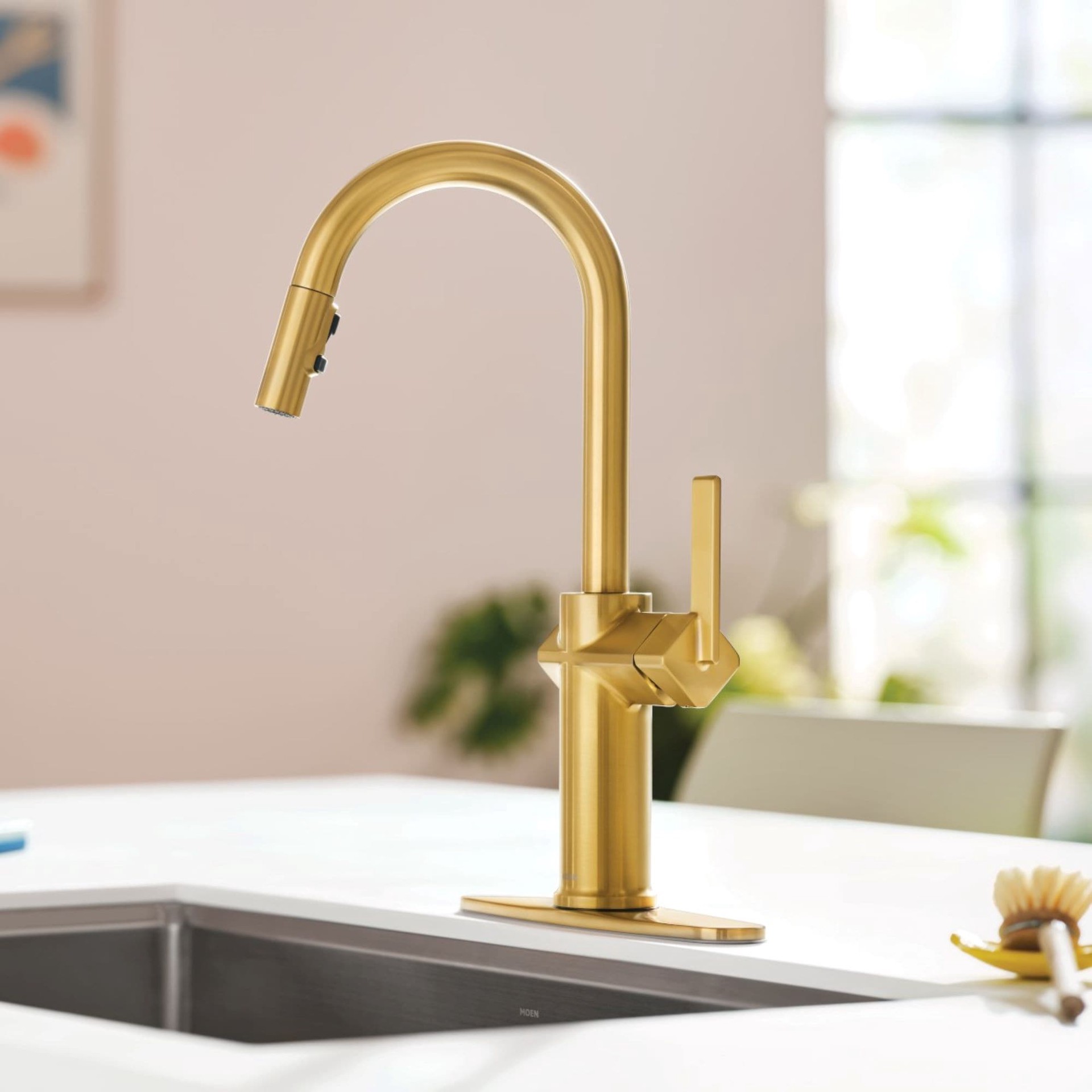 slide 1 of 6, Moen Joric Brushed Gold Single Handle Deck-mount Pull-down Kitchen Faucet with Sprayer (Includes Deck Plate), 1 ct