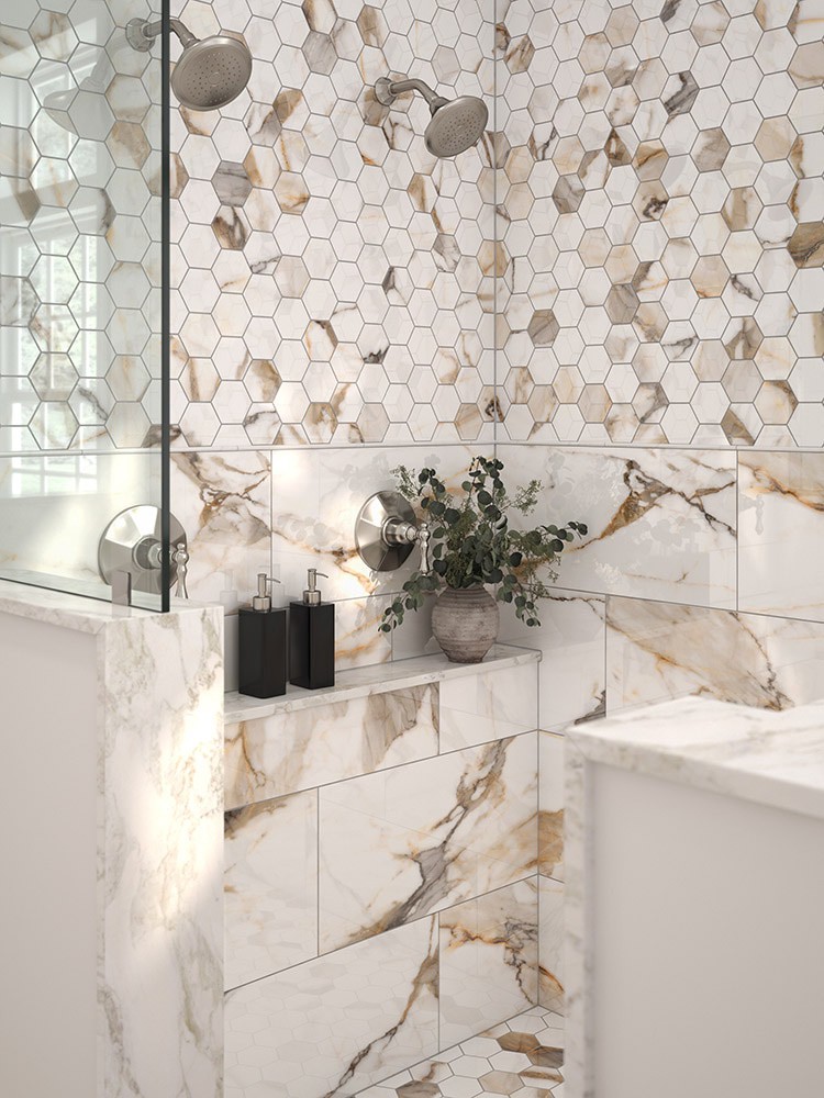 slide 2 of 6, Origin 21 CALACATTA AUROUS 10-in x 12-in Polished Porcelain Hexagon Mosaic Floor and Wall Tile ( 0.839-sq ft Piece ), 1 ct