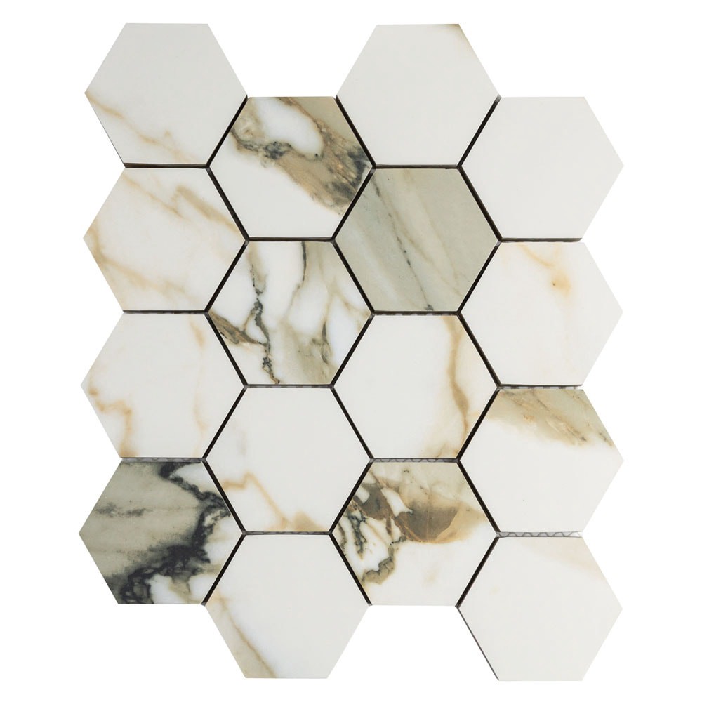 slide 5 of 6, Origin 21 CALACATTA AUROUS 10-in x 12-in Polished Porcelain Hexagon Mosaic Floor and Wall Tile ( 0.839-sq ft Piece ), 1 ct