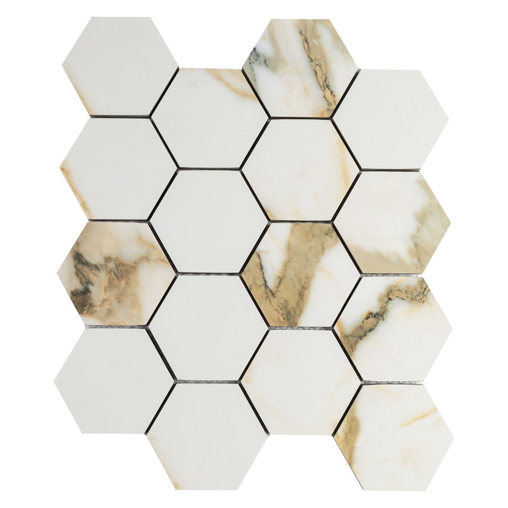 slide 6 of 6, Origin 21 CALACATTA AUROUS 10-in x 12-in Polished Porcelain Hexagon Mosaic Floor and Wall Tile ( 0.839-sq ft Piece ), 1 ct