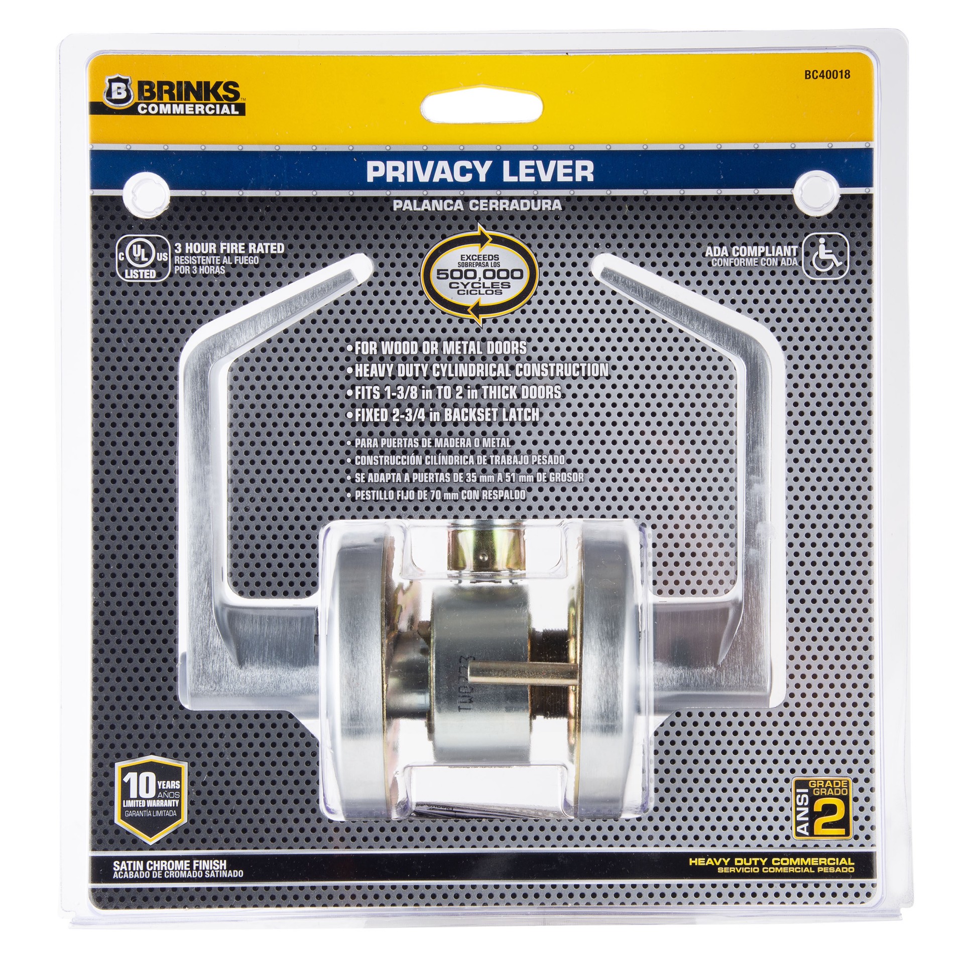 slide 1 of 6, BRINKS COMMERCIAL Heavy Duty Commercial Lever Satin Chrome Interior Bed/Bath Privacy Door Handle, 1 ct