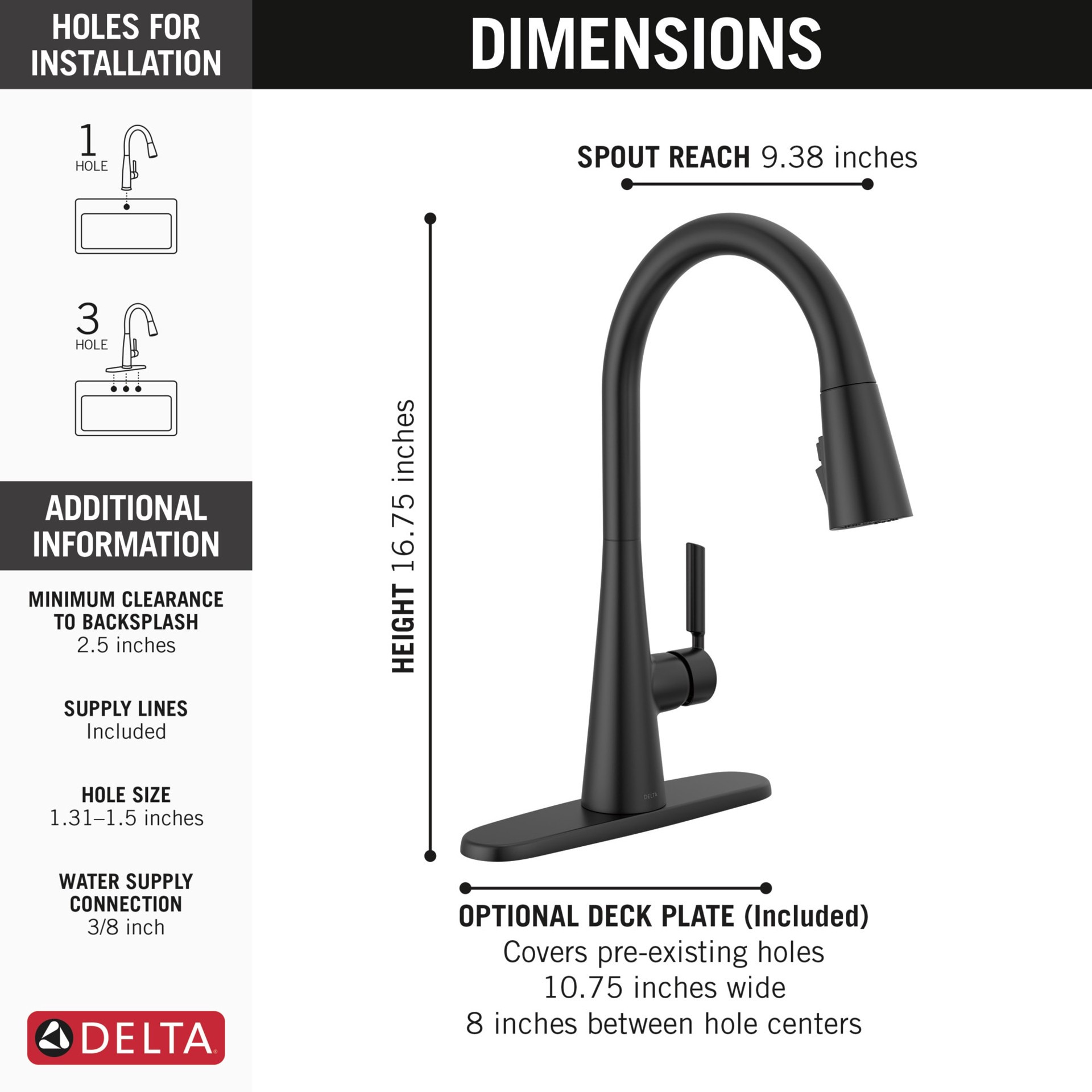 slide 4 of 6, Delta Kylo Black Single Handle Deck-mount Pull-down Kitchen Faucet with Sprayer (Includes Deck Plate), 1 ct