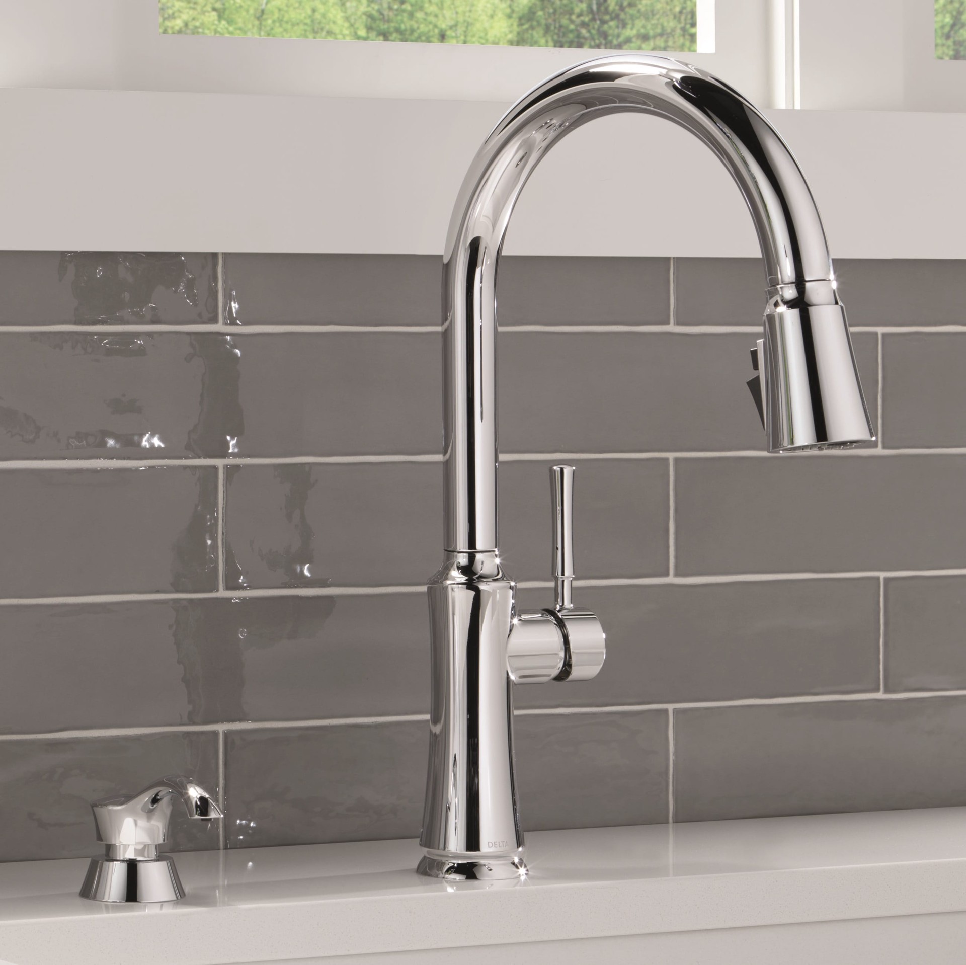 slide 1 of 6, Delta Chalet Chrome Single Handle Deck-mount Pull-down Kitchen Faucet with Sprayer (Includes Deck Plate) (Includes Soap Dispenser), 1 ct