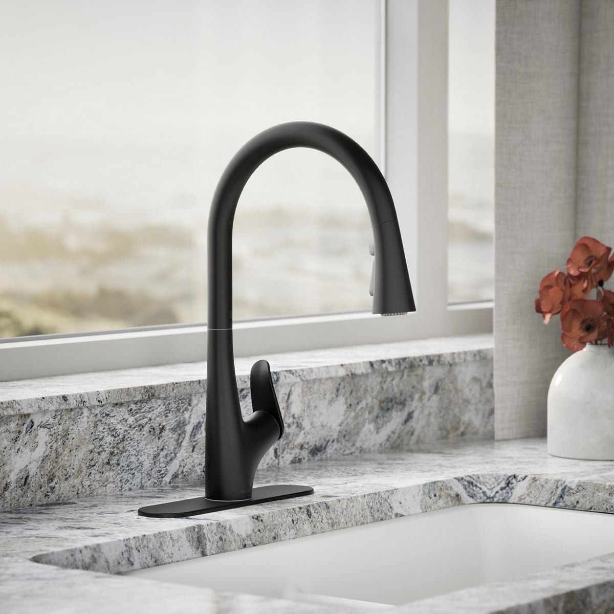 slide 2 of 6, KOHLER Leto Matte Black Single Handle Deck-mount Pull-down Kitchen Faucet with Sprayer (Includes Deck Plate), 1 ct