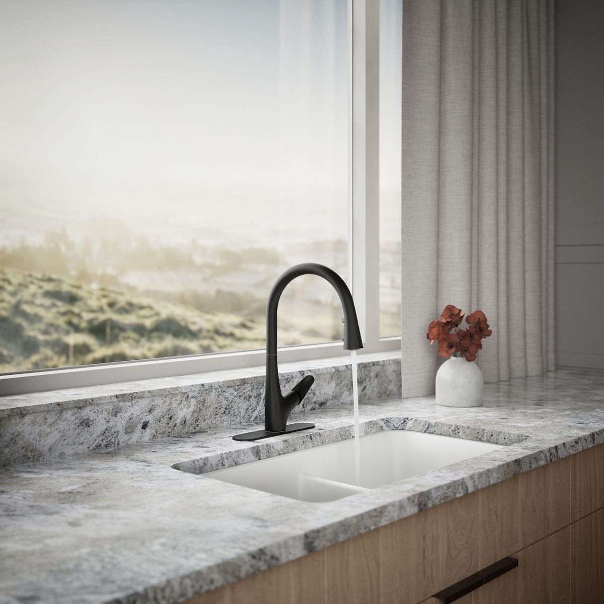 slide 4 of 6, KOHLER Leto Matte Black Single Handle Deck-mount Pull-down Kitchen Faucet with Sprayer (Includes Deck Plate), 1 ct