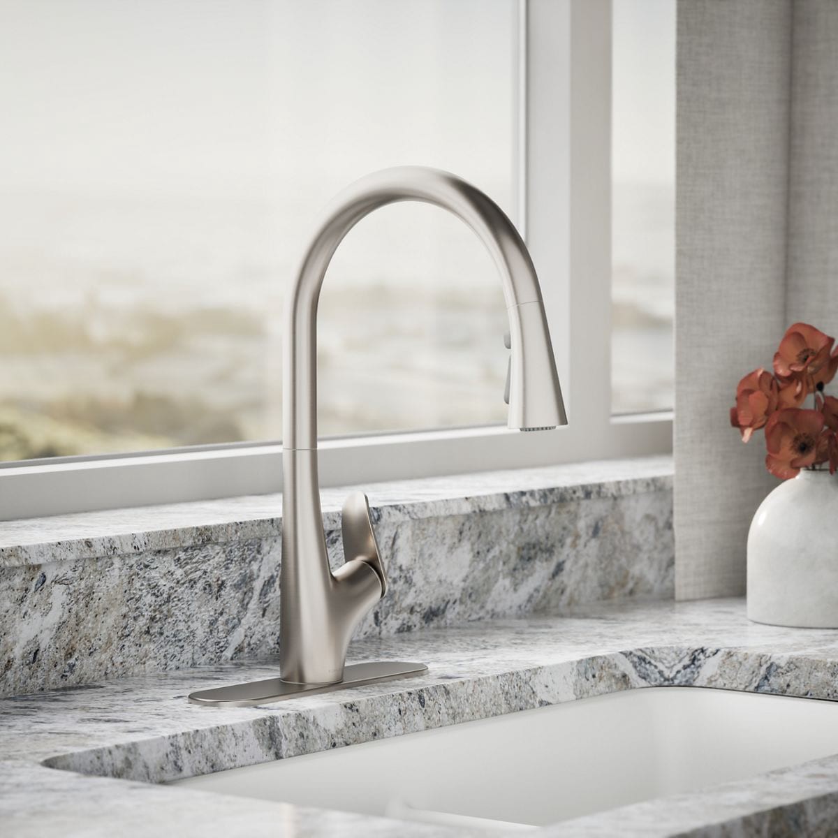 slide 2 of 6, KOHLER Leto Vibrant Stainless Single Handle Deck-mount Pull-down Kitchen Faucet with Sprayer (Includes Deck Plate), 1 ct