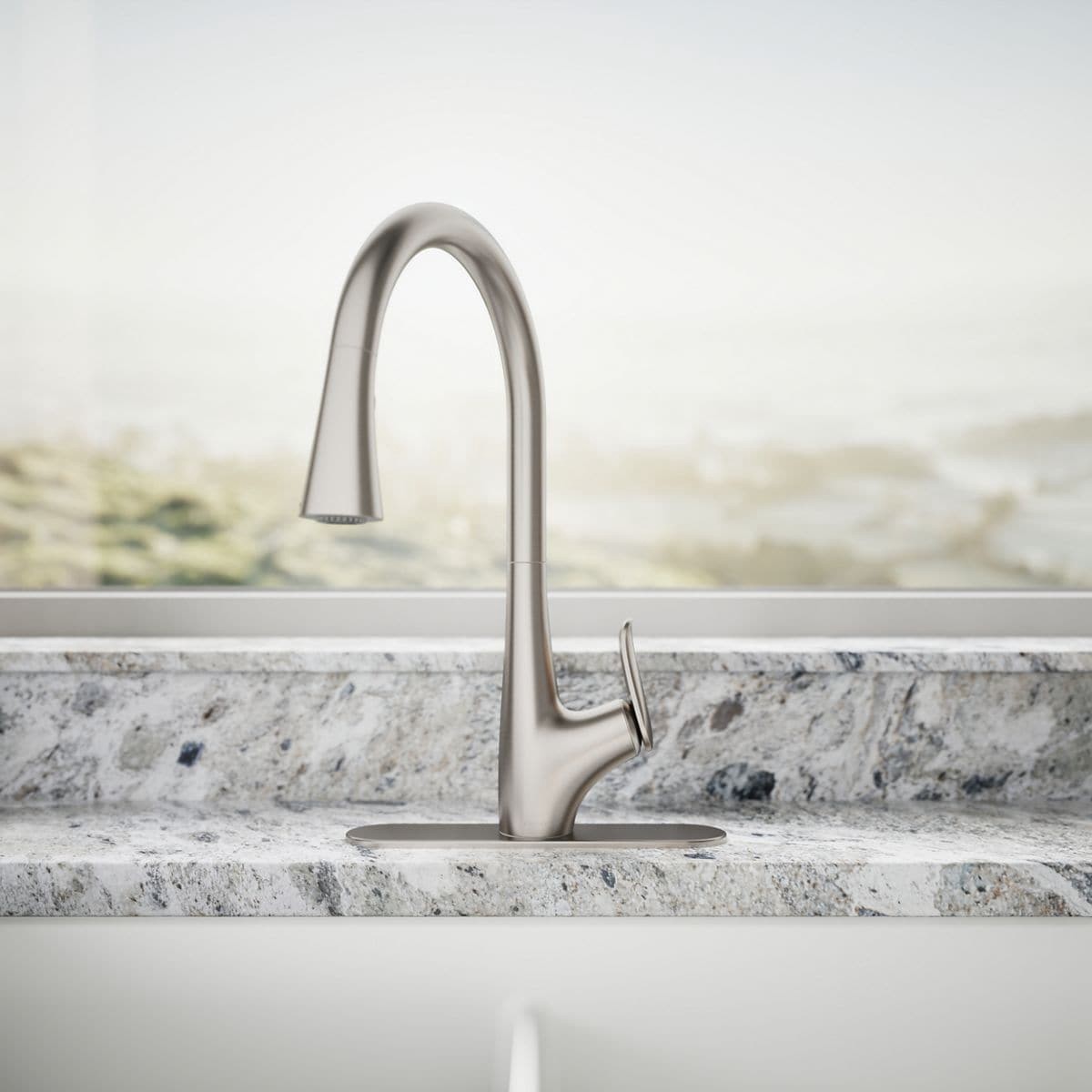 slide 5 of 6, KOHLER Leto Vibrant Stainless Single Handle Deck-mount Pull-down Kitchen Faucet with Sprayer (Includes Deck Plate), 1 ct