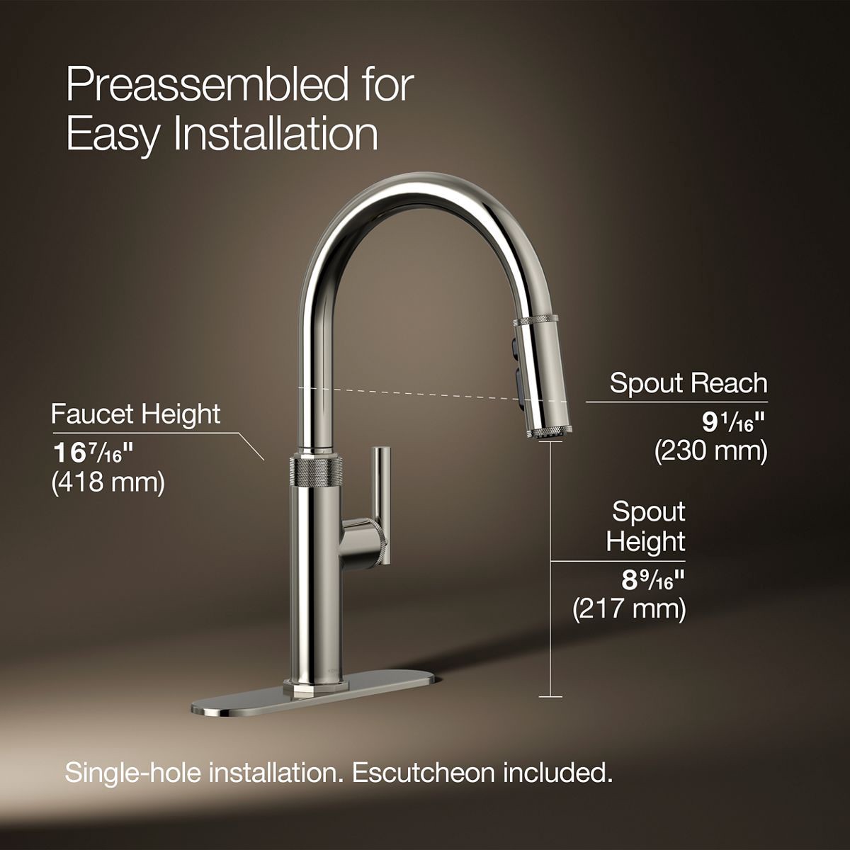 slide 3 of 6, KOHLER Lathe Polished Nickel Single Handle Deck-mount Pull-down Kitchen Faucet with Sprayer (Includes Deck Plate), 1 ct