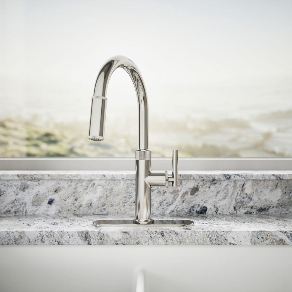 slide 6 of 6, KOHLER Lathe Polished Nickel Single Handle Deck-mount Pull-down Kitchen Faucet with Sprayer (Includes Deck Plate), 1 ct