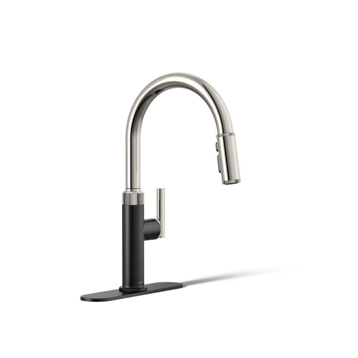slide 2 of 6, KOHLER Lathe Polished Nickel/Matte Black Single Handle Deck-mount Pull-down Kitchen Faucet with Sprayer (Includes Deck Plate), 1 ct