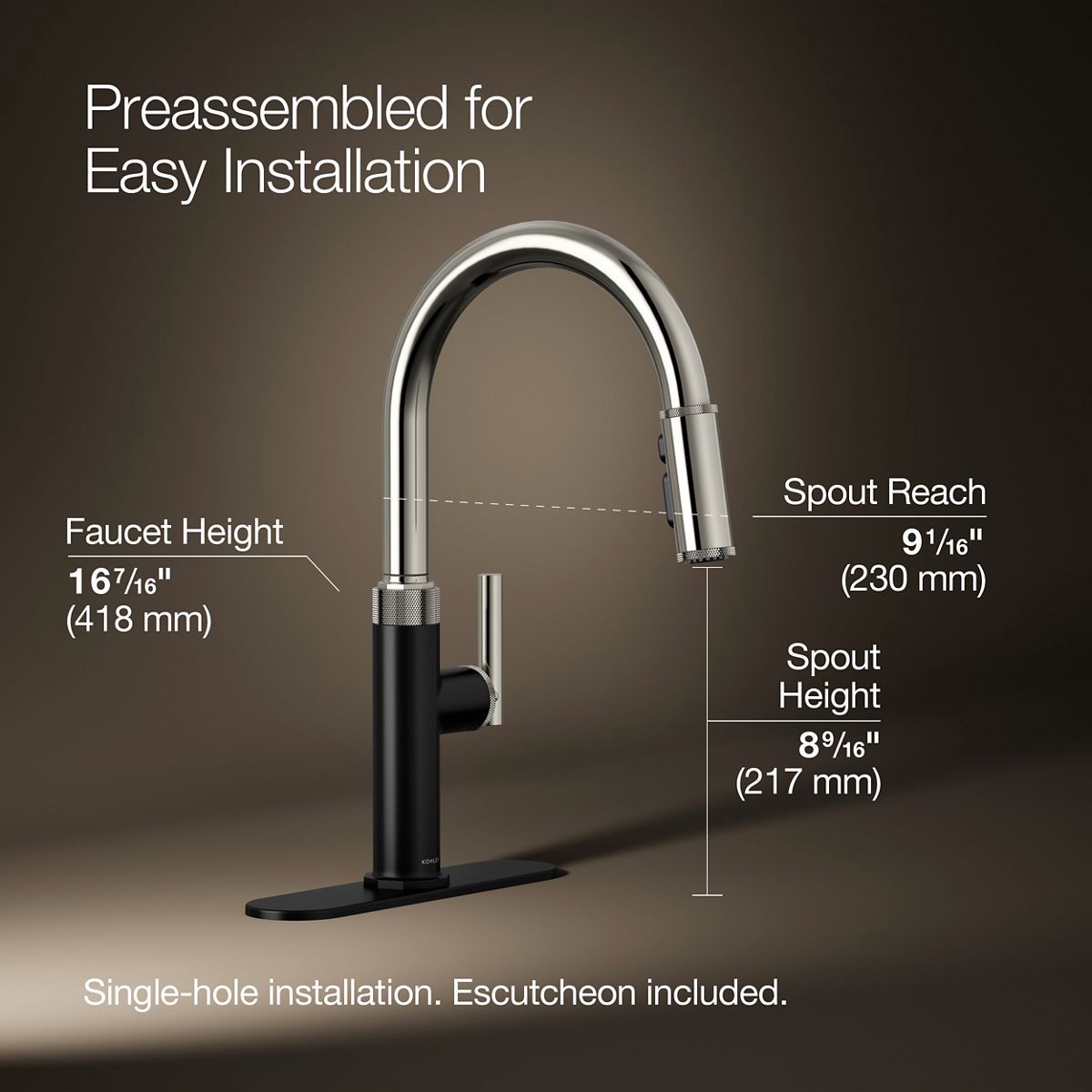 slide 3 of 6, KOHLER Lathe Polished Nickel/Matte Black Single Handle Deck-mount Pull-down Kitchen Faucet with Sprayer (Includes Deck Plate), 1 ct