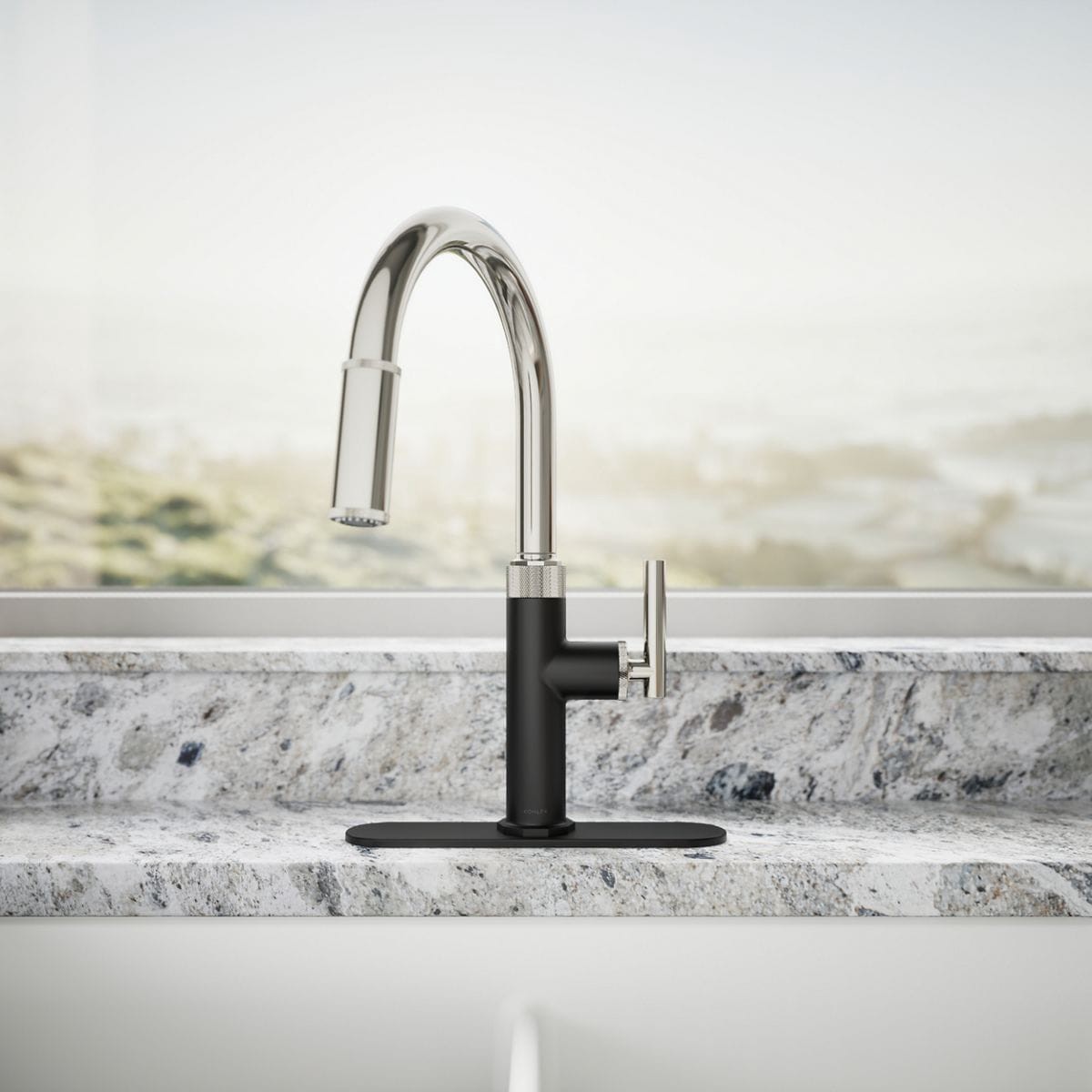 slide 6 of 6, KOHLER Lathe Polished Nickel/Matte Black Single Handle Deck-mount Pull-down Kitchen Faucet with Sprayer (Includes Deck Plate), 1 ct