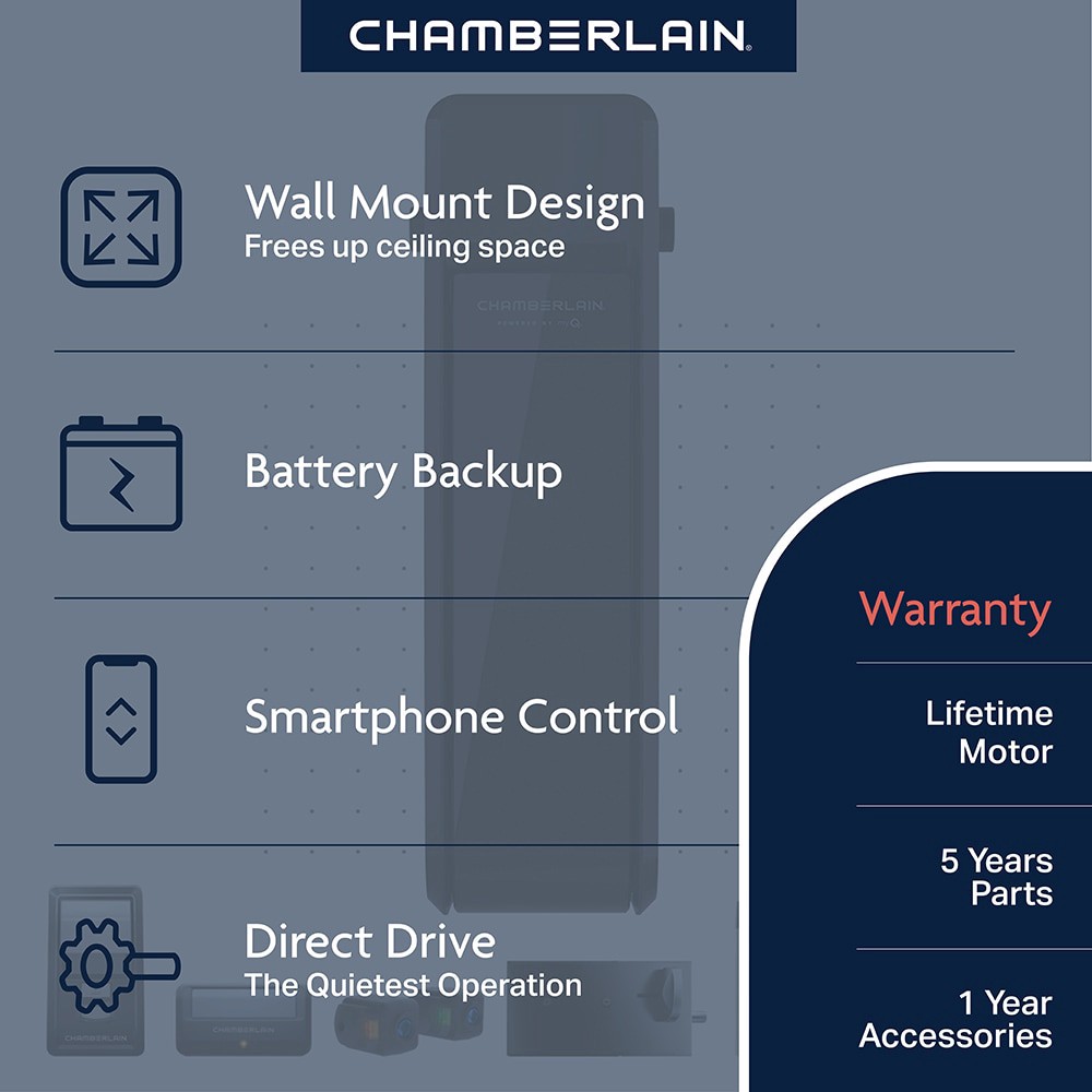 slide 2 of 6, Chamberlain myQ Wall Mount Ultra Quiet Smart Compatible Direct drive Garage Door Opener Wi-Fi Compatibility and Battery Back-Up LED Light, 1 ct