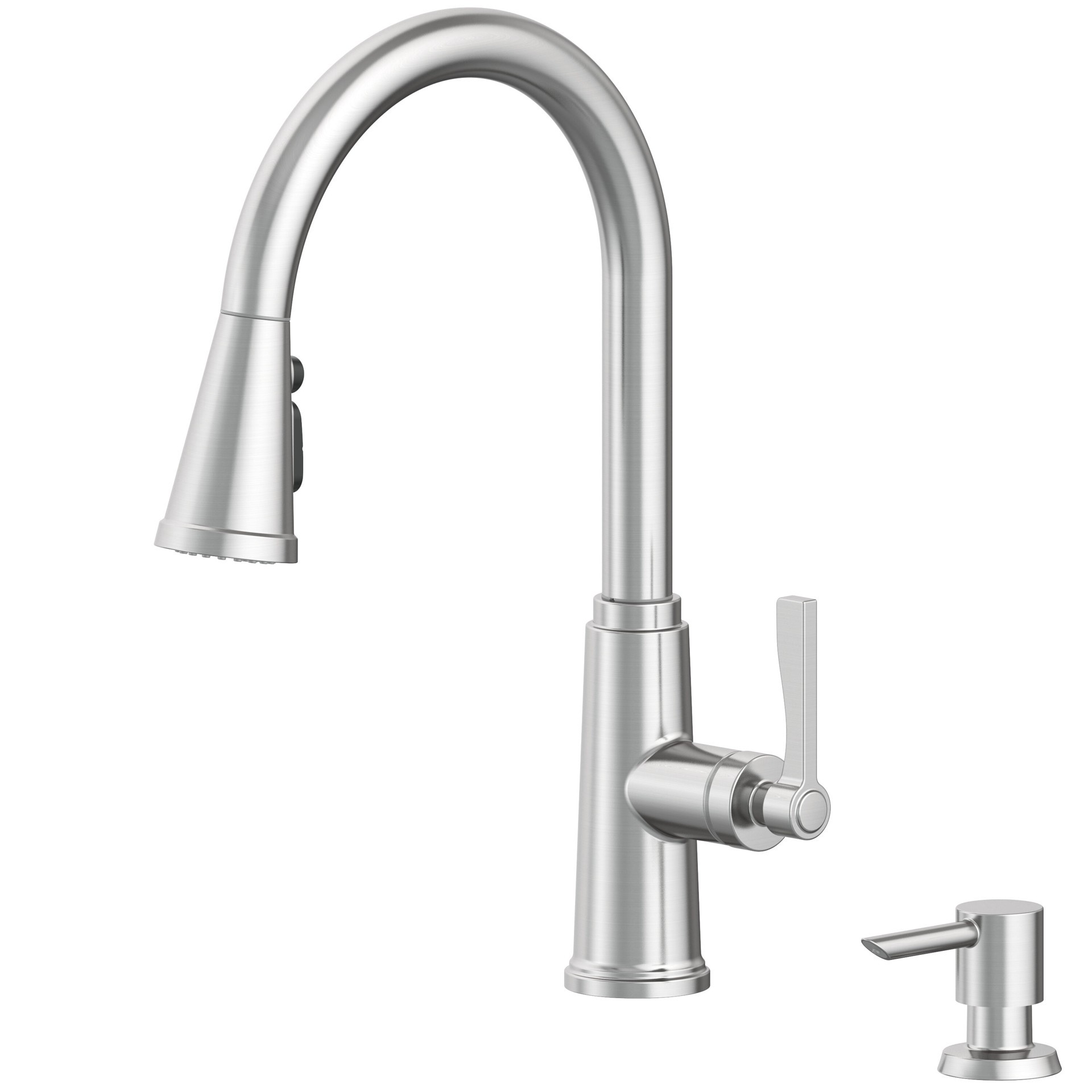 slide 2 of 6, allen + roth Townley Spot Free Stainless Steel Single Handle Deck-mount Pull-down Kitchen Faucet with Sprayer (Includes Deck Plate) (Includes Soap Dispenser), 1 ct