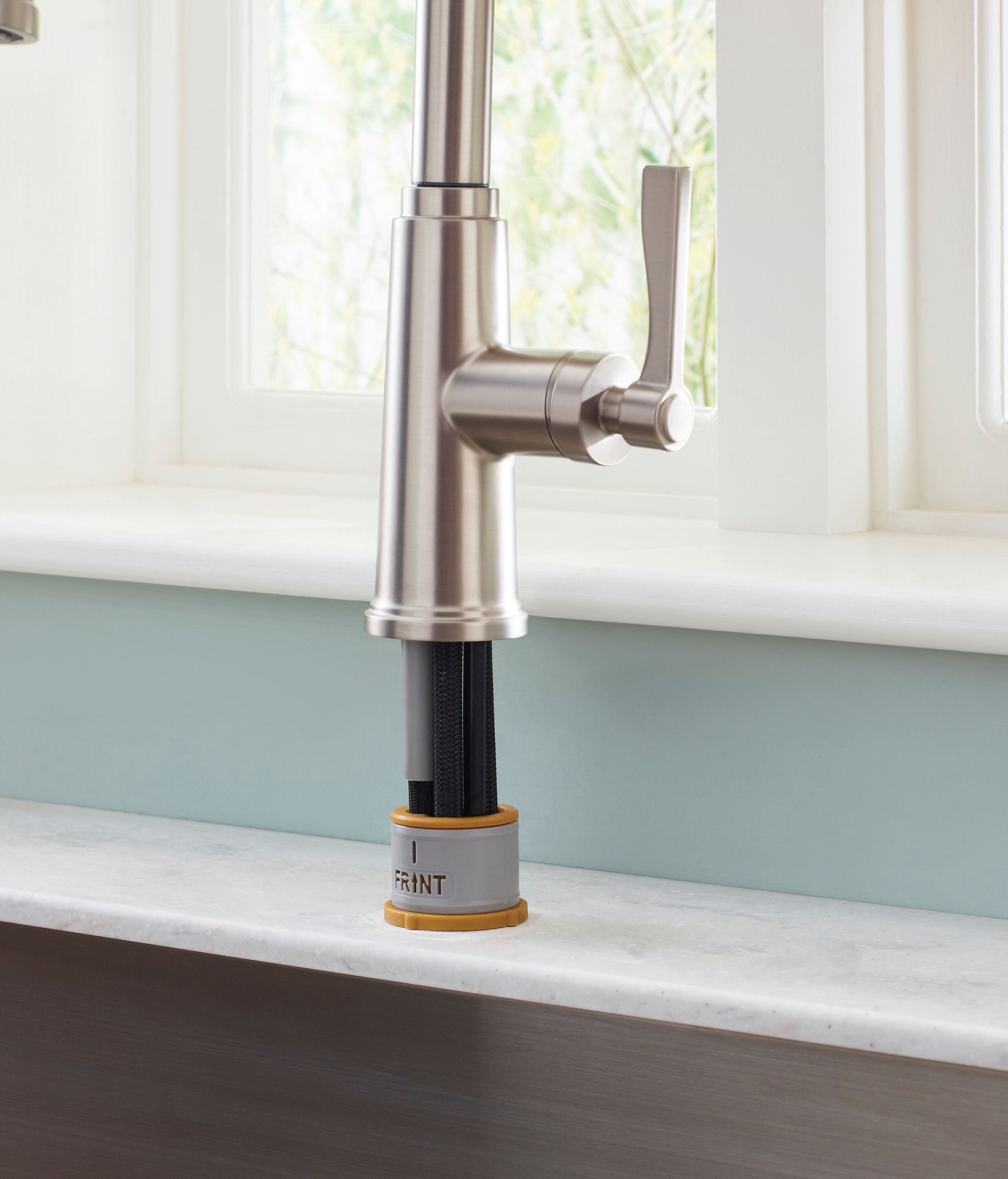 slide 3 of 6, allen + roth Townley Spot Free Stainless Steel Single Handle Deck-mount Pull-down Kitchen Faucet with Sprayer (Includes Deck Plate) (Includes Soap Dispenser), 1 ct