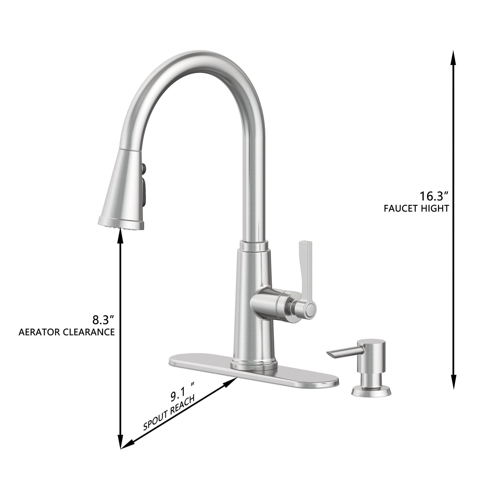 slide 4 of 6, allen + roth Townley Spot Free Stainless Steel Single Handle Deck-mount Pull-down Kitchen Faucet with Sprayer (Includes Deck Plate) (Includes Soap Dispenser), 1 ct