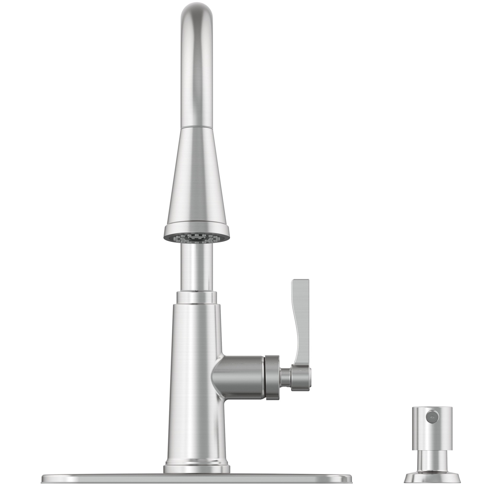 slide 5 of 6, allen + roth Townley Spot Free Stainless Steel Single Handle Deck-mount Pull-down Kitchen Faucet with Sprayer (Includes Deck Plate) (Includes Soap Dispenser), 1 ct