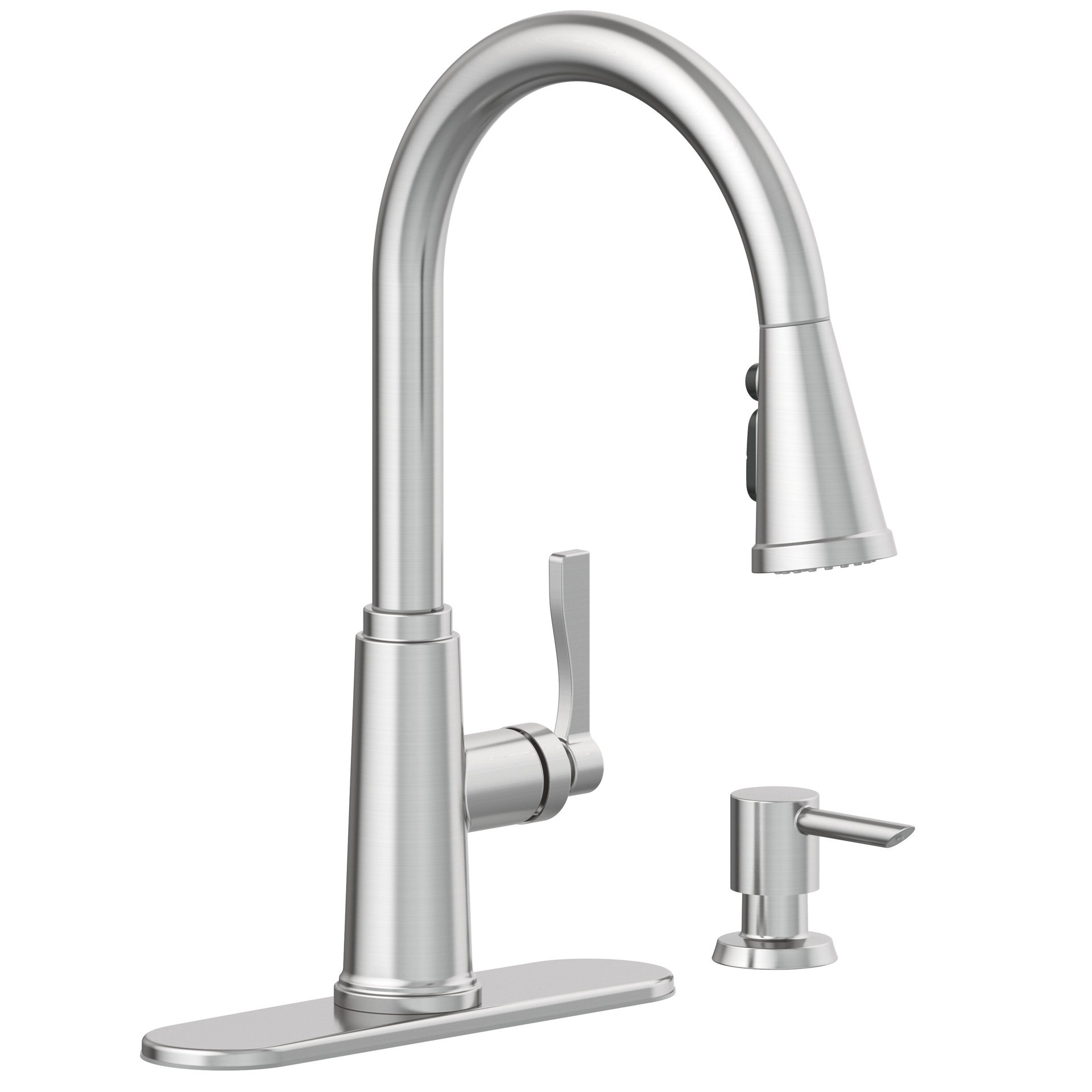 slide 6 of 6, allen + roth Townley Spot Free Stainless Steel Single Handle Deck-mount Pull-down Kitchen Faucet with Sprayer (Includes Deck Plate) (Includes Soap Dispenser), 1 ct
