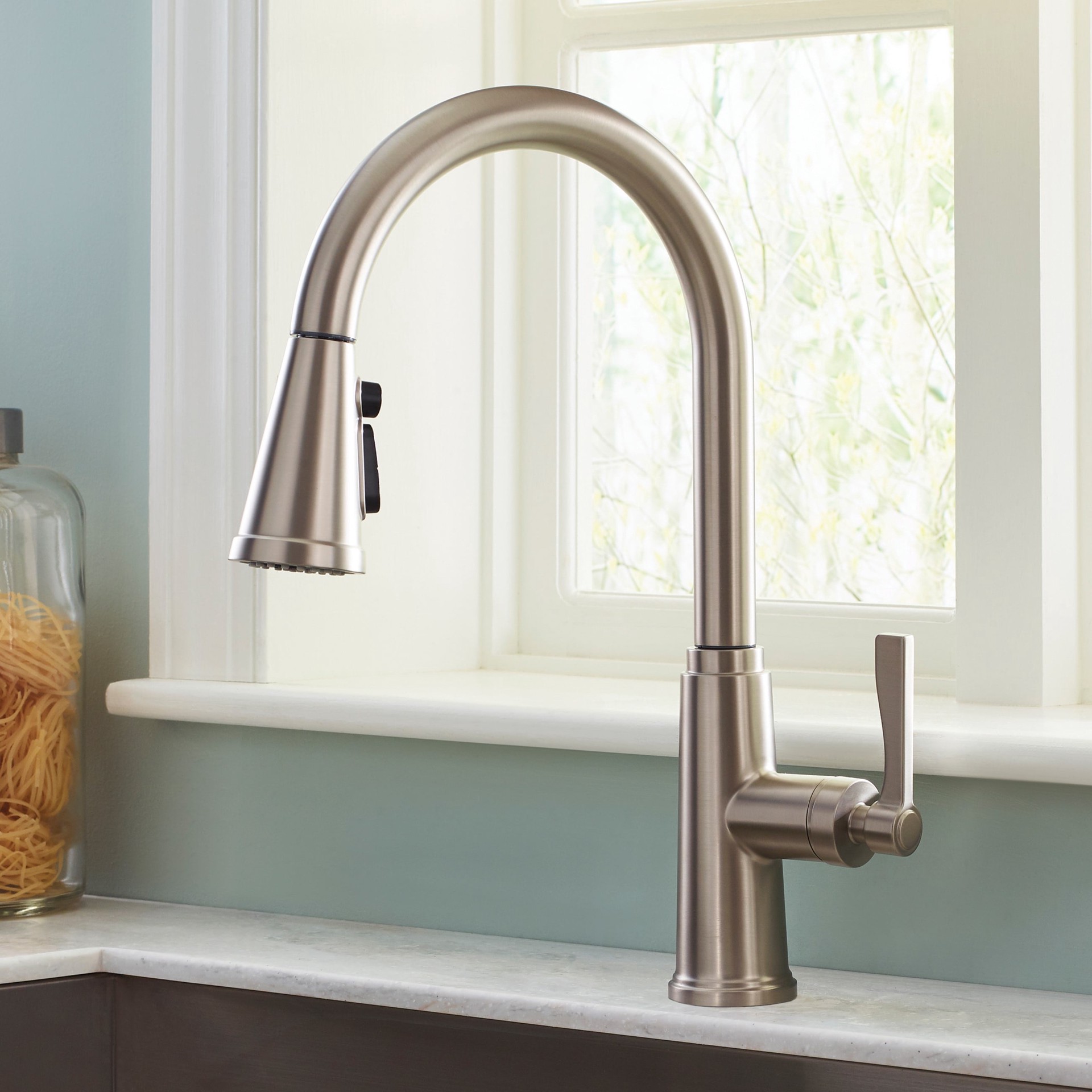 slide 1 of 6, allen + roth Townley Spot Free Stainless Steel Single Handle Deck-mount Pull-down Kitchen Faucet with Sprayer (Includes Deck Plate) (Includes Soap Dispenser), 1 ct