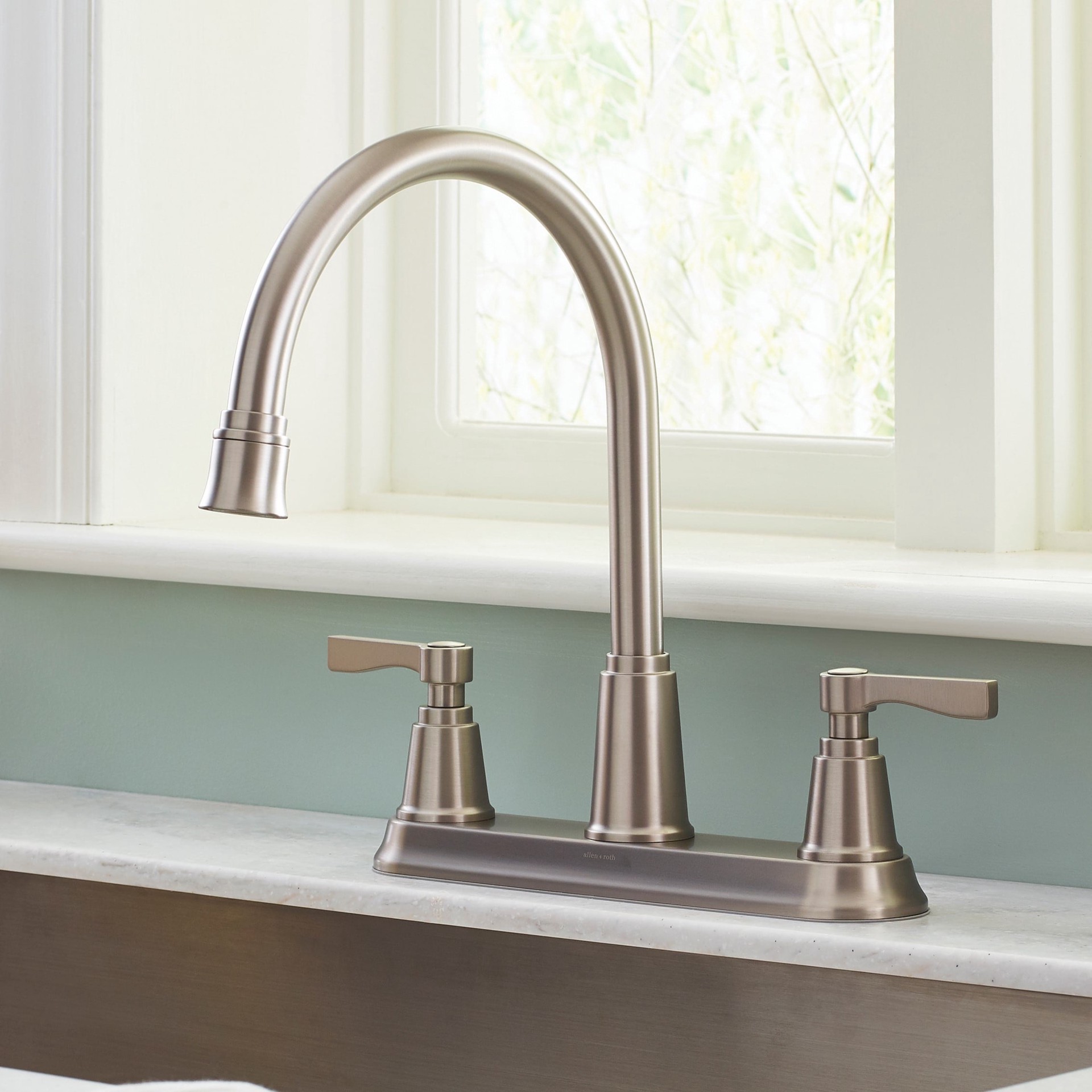 slide 1 of 6, allen + roth Townley Spot Free Stainless Steel Double Handle Deck-mount Kitchen Faucet with Sprayer (Includes Deck Plate) (Includes Side Sprayer), 1 ct