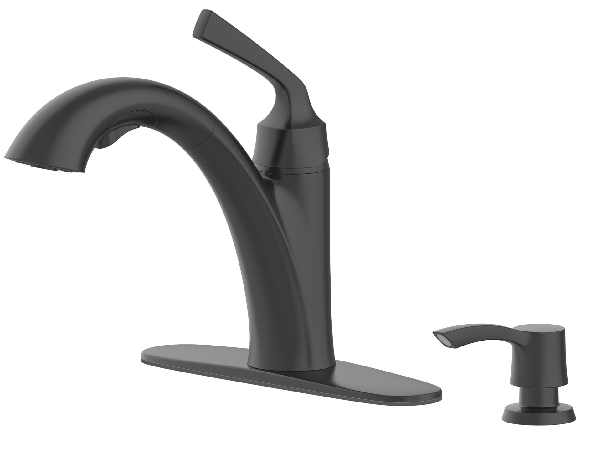 slide 2 of 6, allen + roth Mullen Matte Black Single Handle Deck-mount Pull-out Kitchen Faucet with Sprayer (Includes Deck Plate) (Includes Soap Dispenser), 1 ct