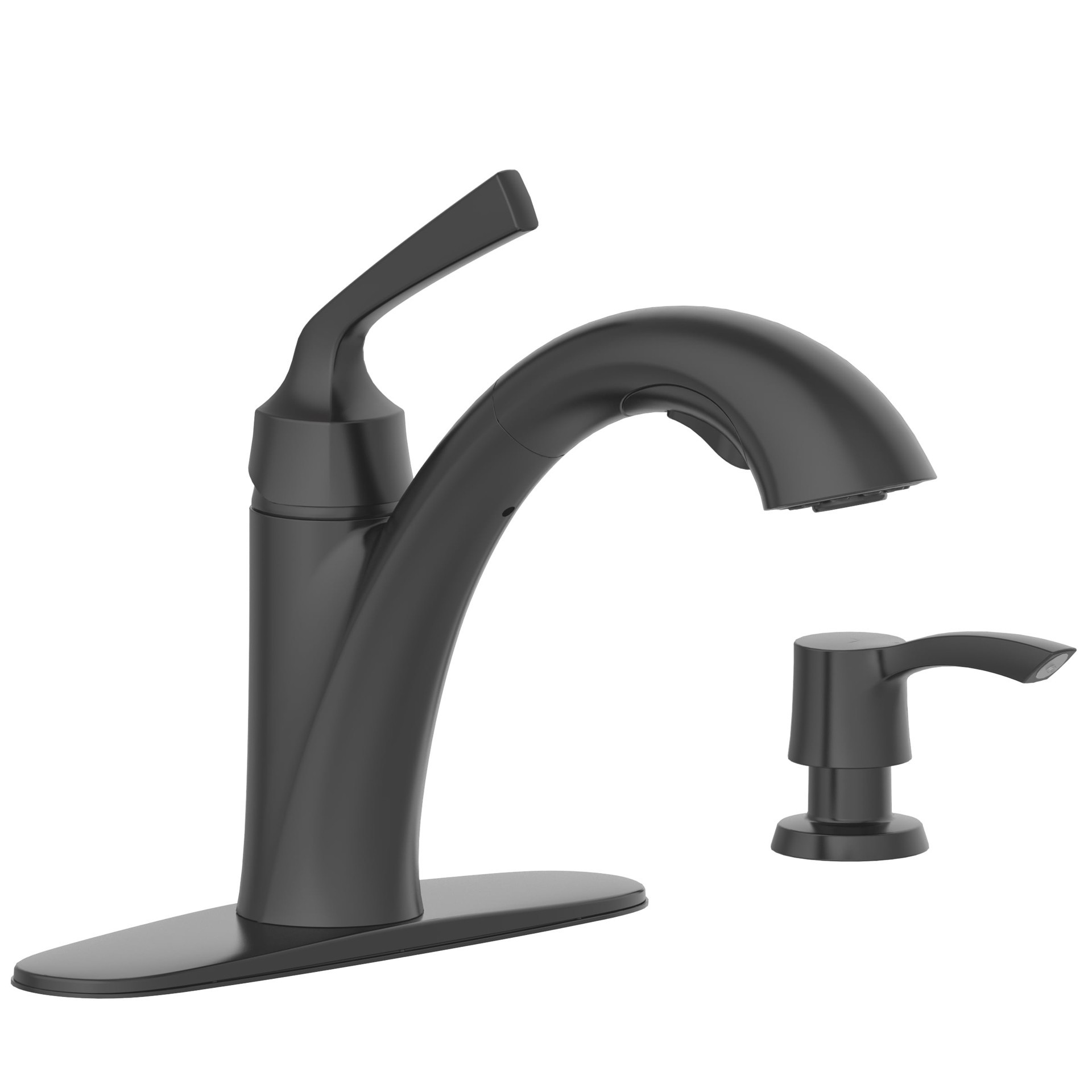 slide 4 of 6, allen + roth Mullen Matte Black Single Handle Deck-mount Pull-out Kitchen Faucet with Sprayer (Includes Deck Plate) (Includes Soap Dispenser), 1 ct