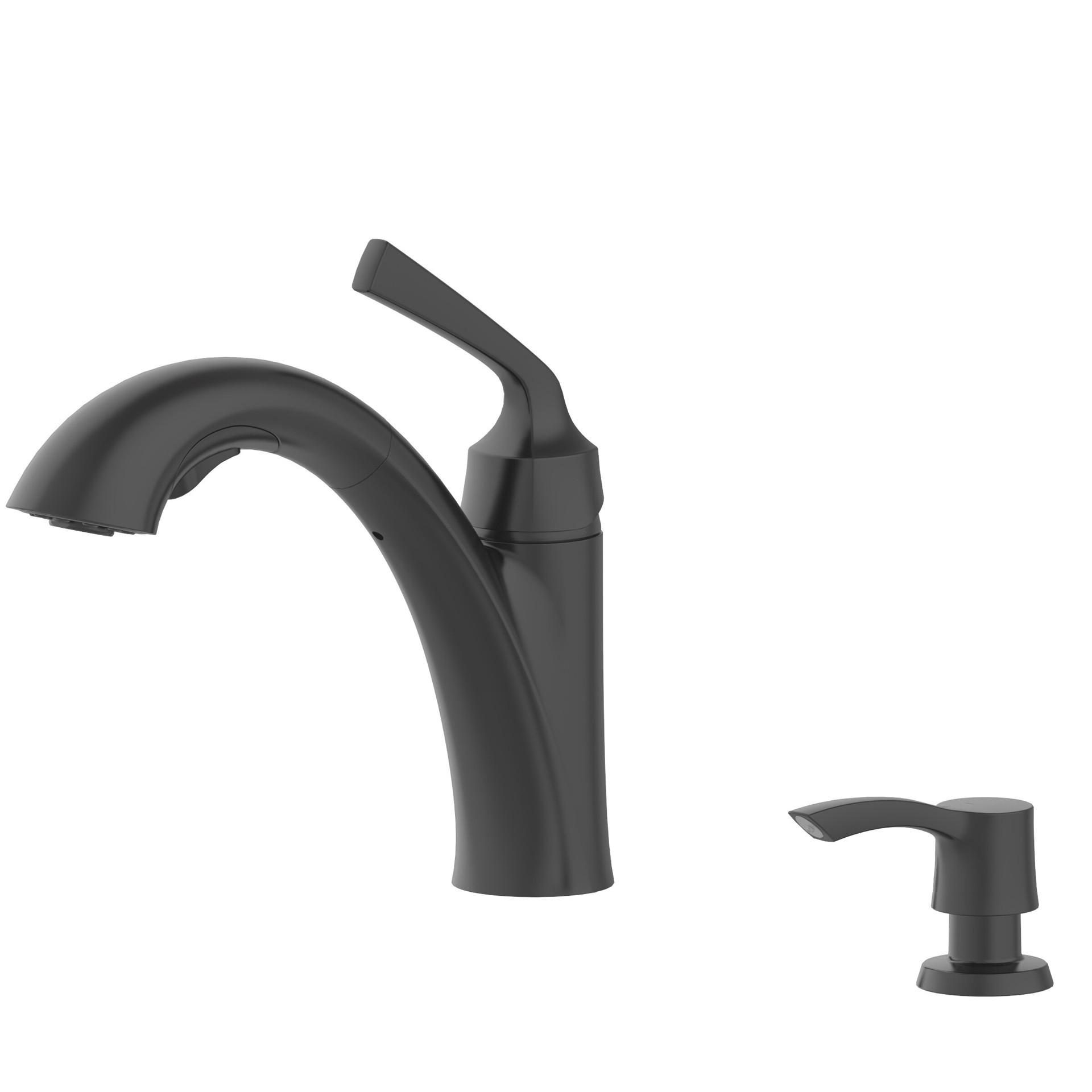 slide 5 of 6, allen + roth Mullen Matte Black Single Handle Deck-mount Pull-out Kitchen Faucet with Sprayer (Includes Deck Plate) (Includes Soap Dispenser), 1 ct