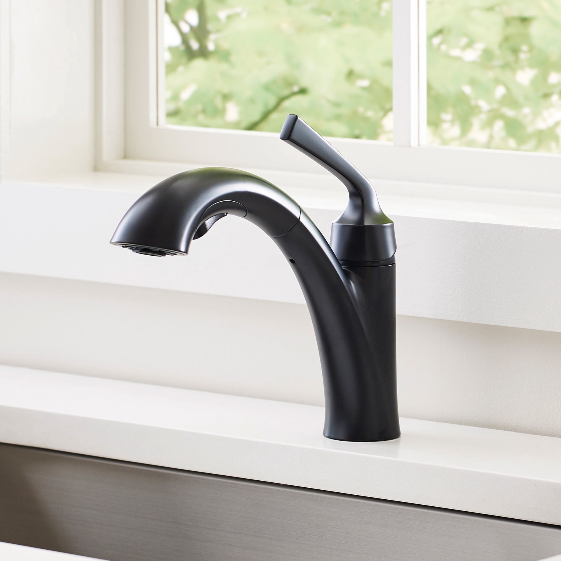 slide 1 of 6, allen + roth Mullen Matte Black Single Handle Deck-mount Pull-out Kitchen Faucet with Sprayer (Includes Deck Plate) (Includes Soap Dispenser), 1 ct