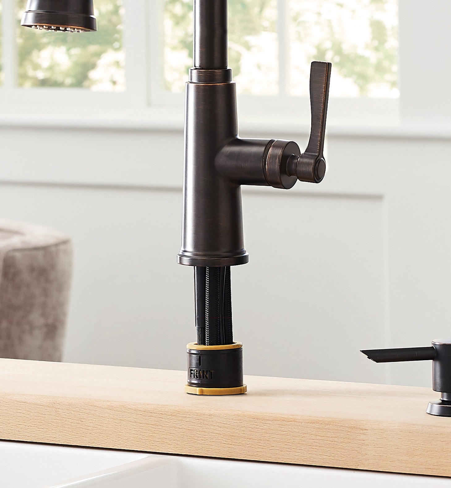 slide 4 of 6, allen + roth Townley Oil Rubbed Bronze Single Handle Deck-mount Pull-down Kitchen Faucet with Sprayer (Includes Deck Plate) (Includes Soap Dispenser), 1 ct