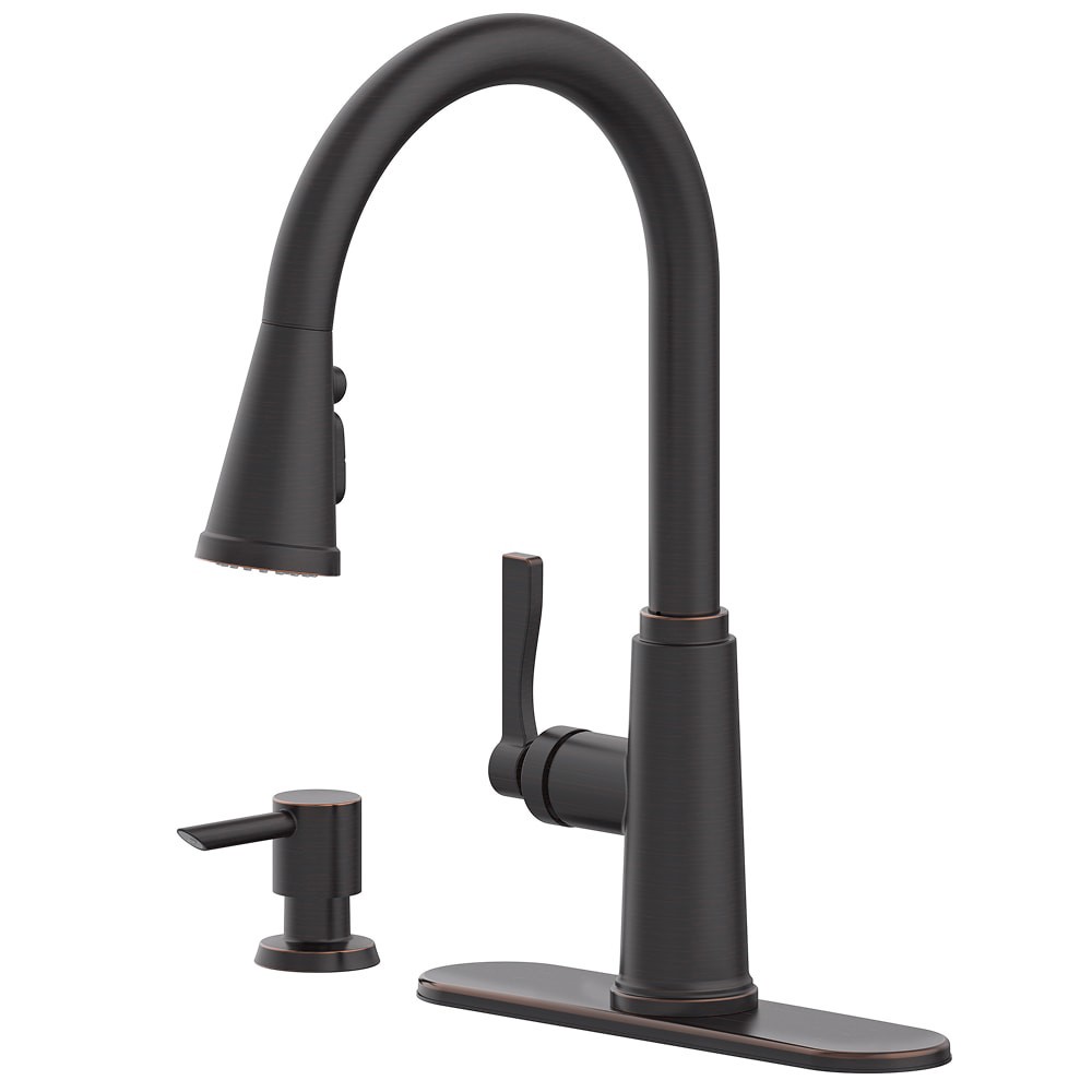 slide 3 of 6, allen + roth Townley Oil Rubbed Bronze Single Handle Deck-mount Pull-down Kitchen Faucet with Sprayer (Includes Deck Plate) (Includes Soap Dispenser), 1 ct