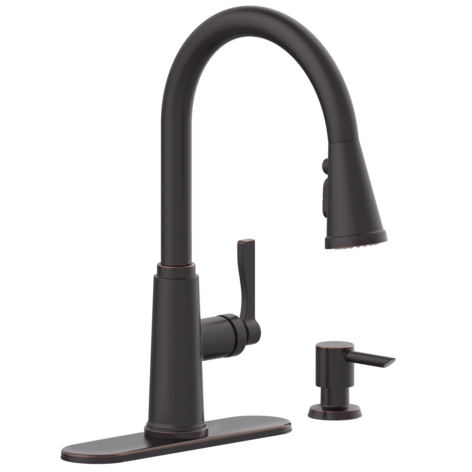 slide 5 of 6, allen + roth Townley Oil Rubbed Bronze Single Handle Deck-mount Pull-down Kitchen Faucet with Sprayer (Includes Deck Plate) (Includes Soap Dispenser), 1 ct