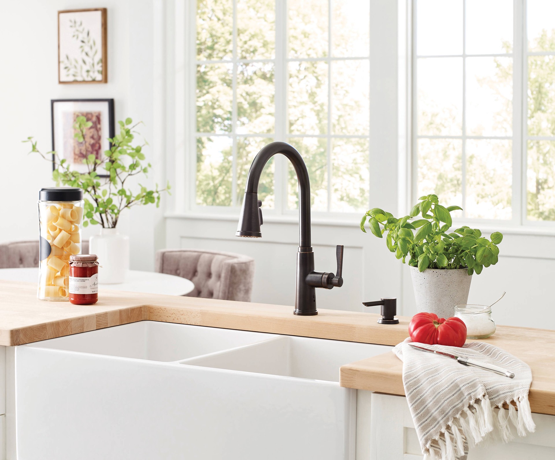 slide 6 of 6, allen + roth Townley Oil Rubbed Bronze Single Handle Deck-mount Pull-down Kitchen Faucet with Sprayer (Includes Deck Plate) (Includes Soap Dispenser), 1 ct