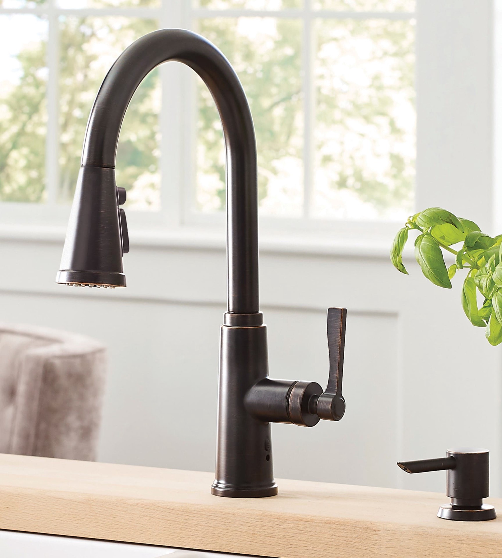 slide 1 of 6, allen + roth Townley Oil Rubbed Bronze Single Handle Deck-mount Pull-down Kitchen Faucet with Sprayer (Includes Deck Plate) (Includes Soap Dispenser), 1 ct
