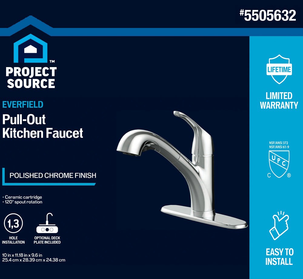 slide 2 of 6, Project Source EVERFIELD Polished Chrome Single Handle Deck-mount Pull-out Kitchen Faucet with Sprayer (Includes Deck Plate), 1 ct