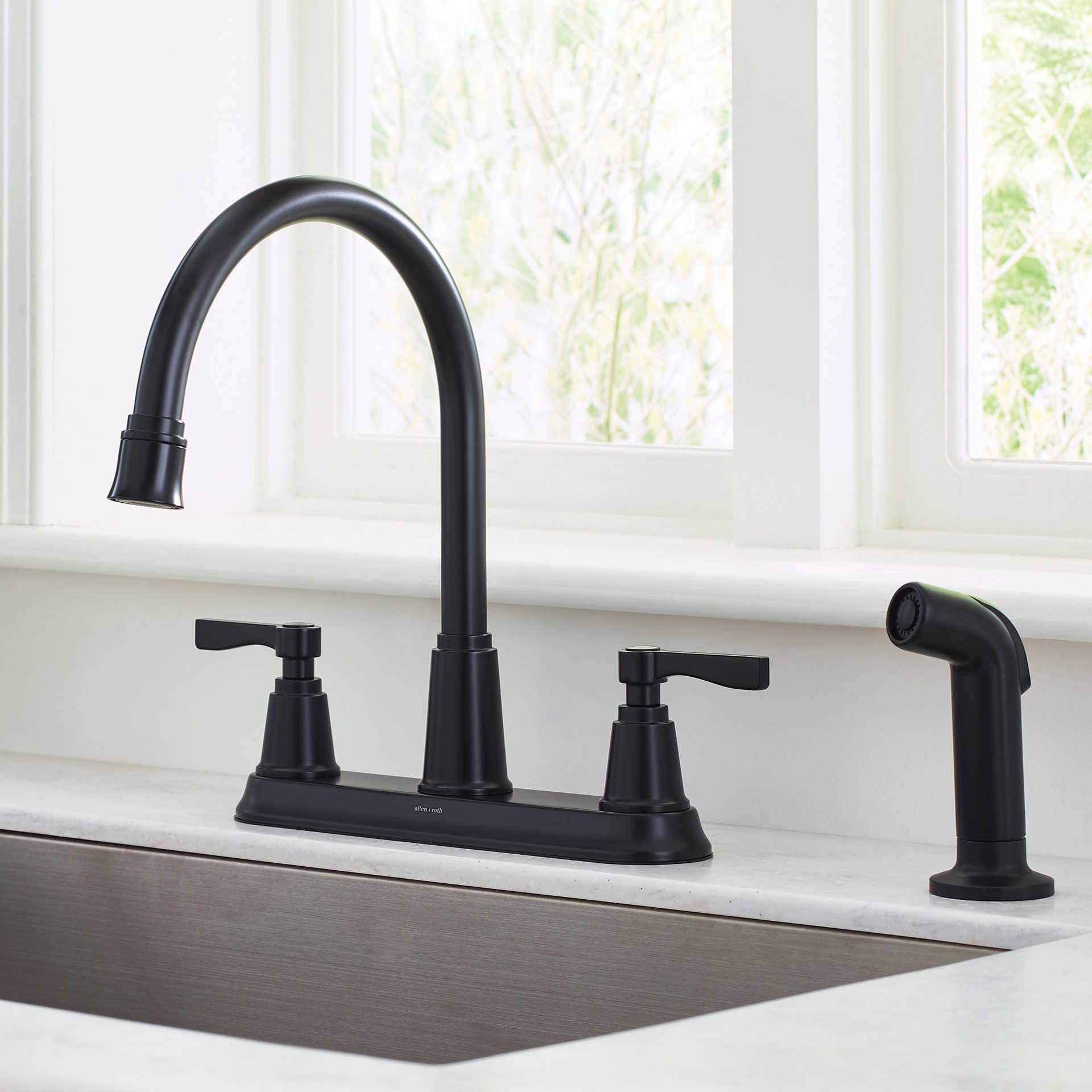 slide 1 of 6, allen + roth Townley Matte Black Double Handle Deck-mount Kitchen Faucet with Sprayer (Includes Deck Plate) (Includes Side Sprayer), 1 ct