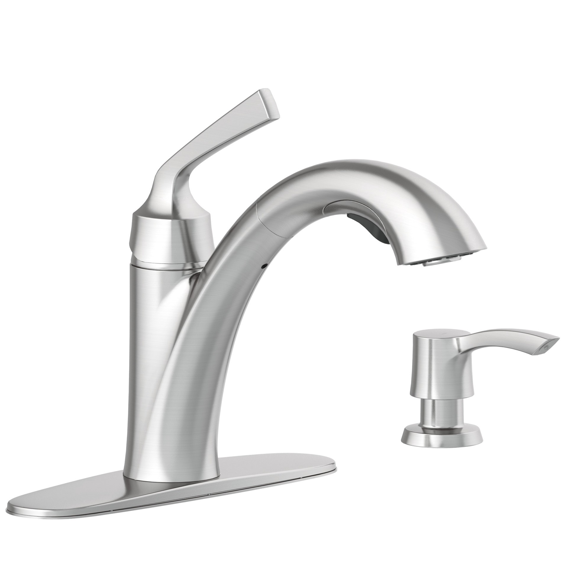 slide 6 of 6, allen + roth Mullen Spot Free Stainless Steel Single Handle Deck-mount Pull-out Kitchen Faucet with Sprayer (Includes Deck Plate) (Includes Soap Dispenser), 1 ct