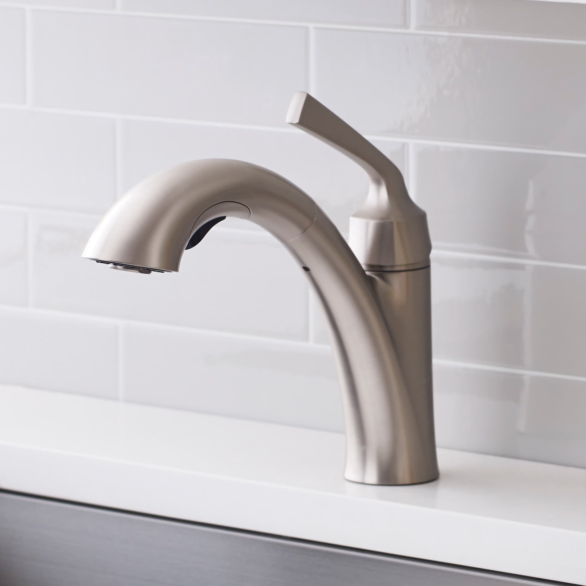 slide 1 of 6, allen + roth Mullen Spot Free Stainless Steel Single Handle Deck-mount Pull-out Kitchen Faucet with Sprayer (Includes Deck Plate) (Includes Soap Dispenser), 1 ct