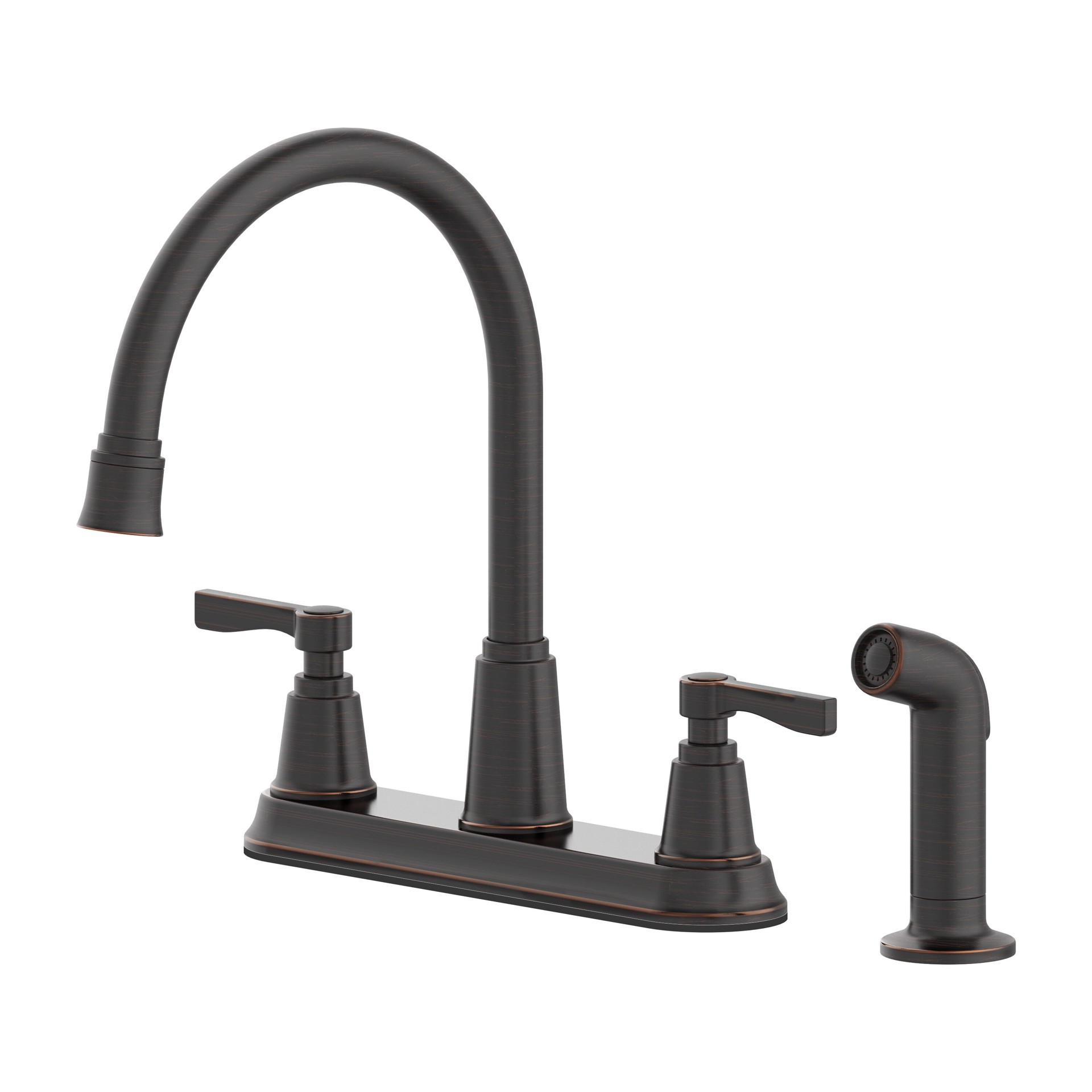slide 3 of 6, allen + roth Townley Oil Rubbed Bronze Double Handle Deck-mount Kitchen Faucet with Sprayer (Includes Deck Plate) (Includes Side Sprayer), 1 ct