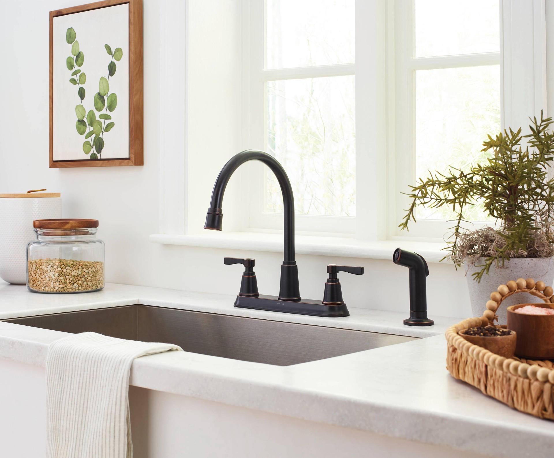 slide 5 of 6, allen + roth Townley Oil Rubbed Bronze Double Handle Deck-mount Kitchen Faucet with Sprayer (Includes Deck Plate) (Includes Side Sprayer), 1 ct