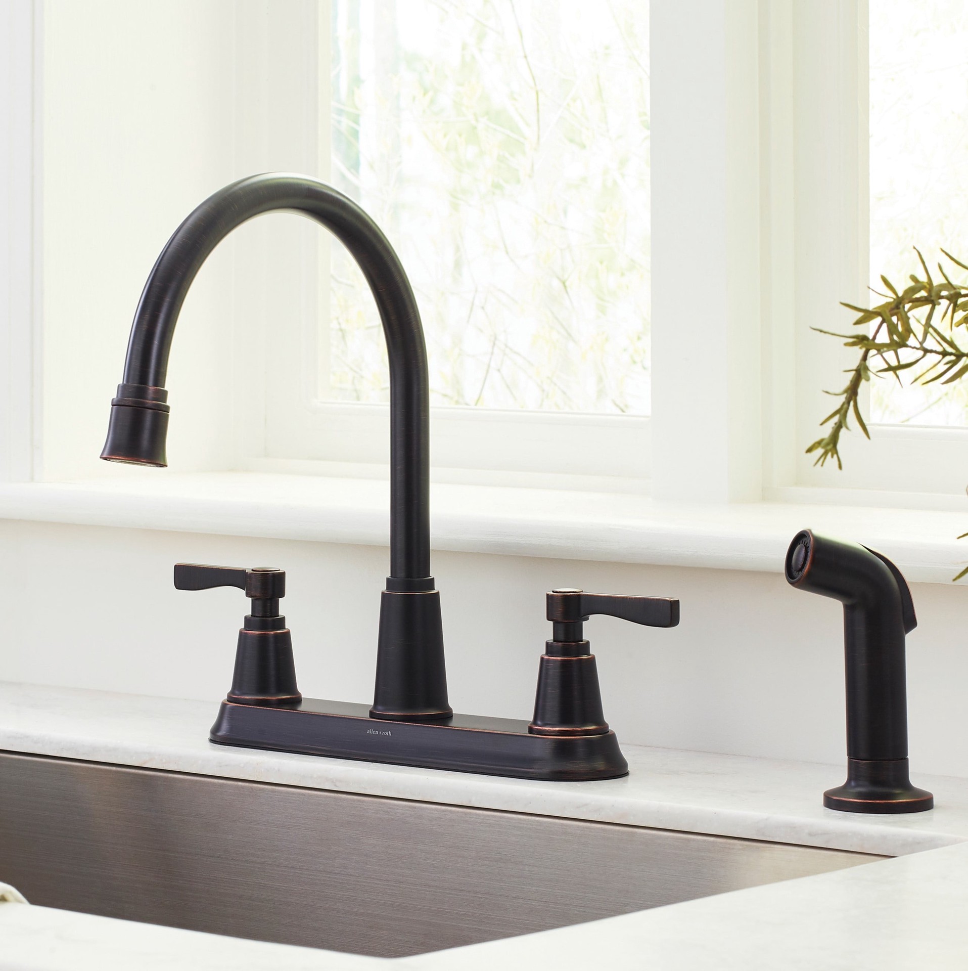 slide 1 of 6, allen + roth Townley Oil Rubbed Bronze Double Handle Deck-mount Kitchen Faucet with Sprayer (Includes Deck Plate) (Includes Side Sprayer), 1 ct