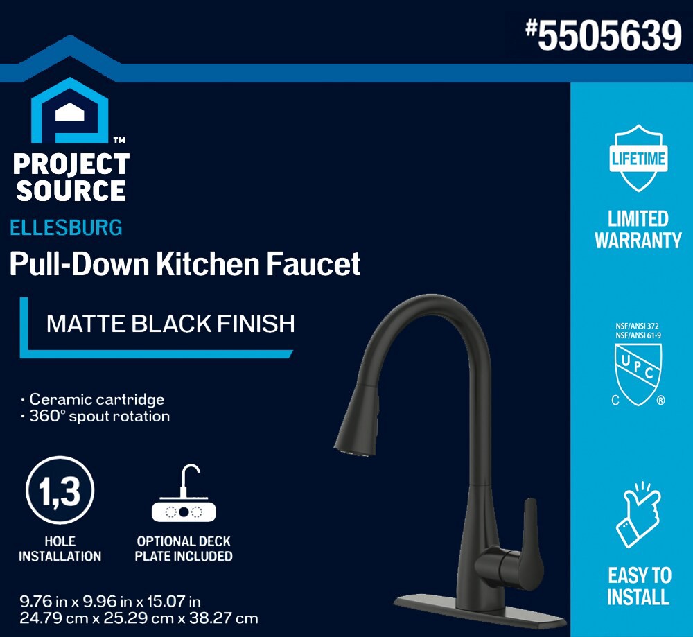 slide 2 of 6, Project Source Ellesburg Matte Black Single Handle Deck-mount Pull-down Kitchen Faucet with Sprayer (Includes Deck Plate), 1 ct