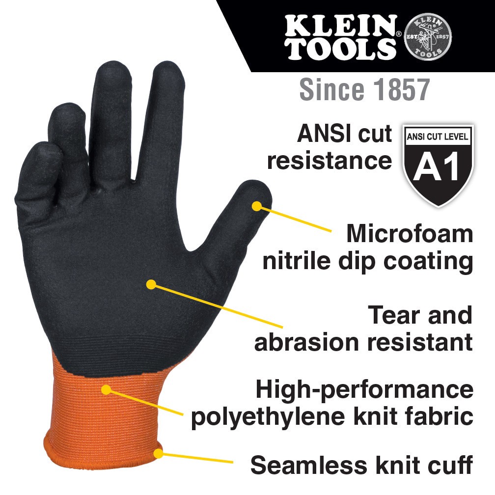 slide 2 of 6, Klein Tools Knit Dipped Gloves, Cut Level A1, Touchscreen, Large, 3-Pair, 1 ct